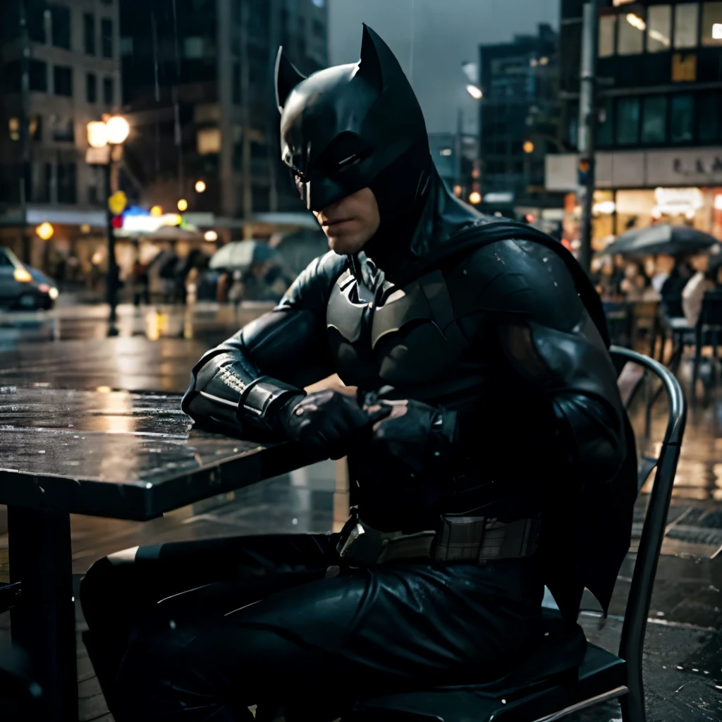 Do Batman backwards while sitting cross-legged on a bar chair in the rain 