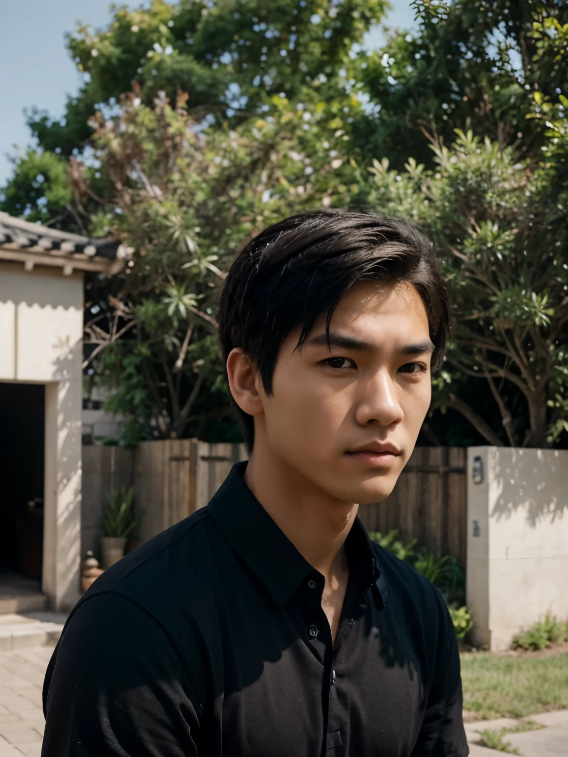 guy, age, asian look, young, black shirt, blue sky, good photo, good quality, real, short hair, masculine style, realistic, best quality, masterpiece, detailed, perfect face.