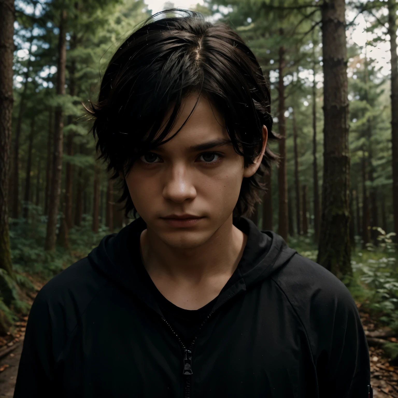 Ein maskulinen Anime jungen schwarze Haare. The boy has eyes that burn like a flame in black and he is in the forest