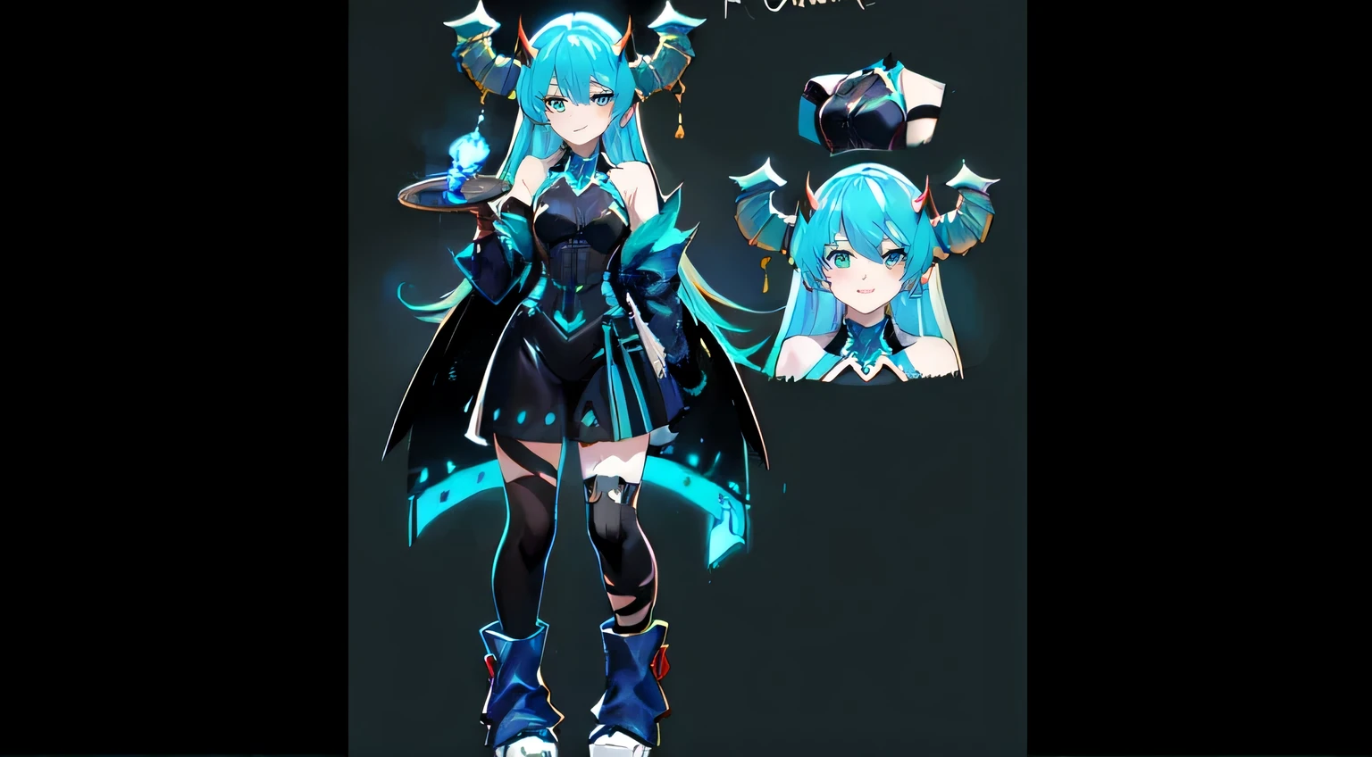 personaje de anime con cabello azul y un traje negro, cuerpo completo adoptable, concepto de cuerpo completo, detailed concepto de cuerpo completo, moon themed outfit, clothing design, [ character design ], personaje adoptable, full body commission for, arte conceptual!!, deviant adoptable, demon soul arte conceptual, retrato de cuerpo entero de un corto!, full body character design, girl design lush horns