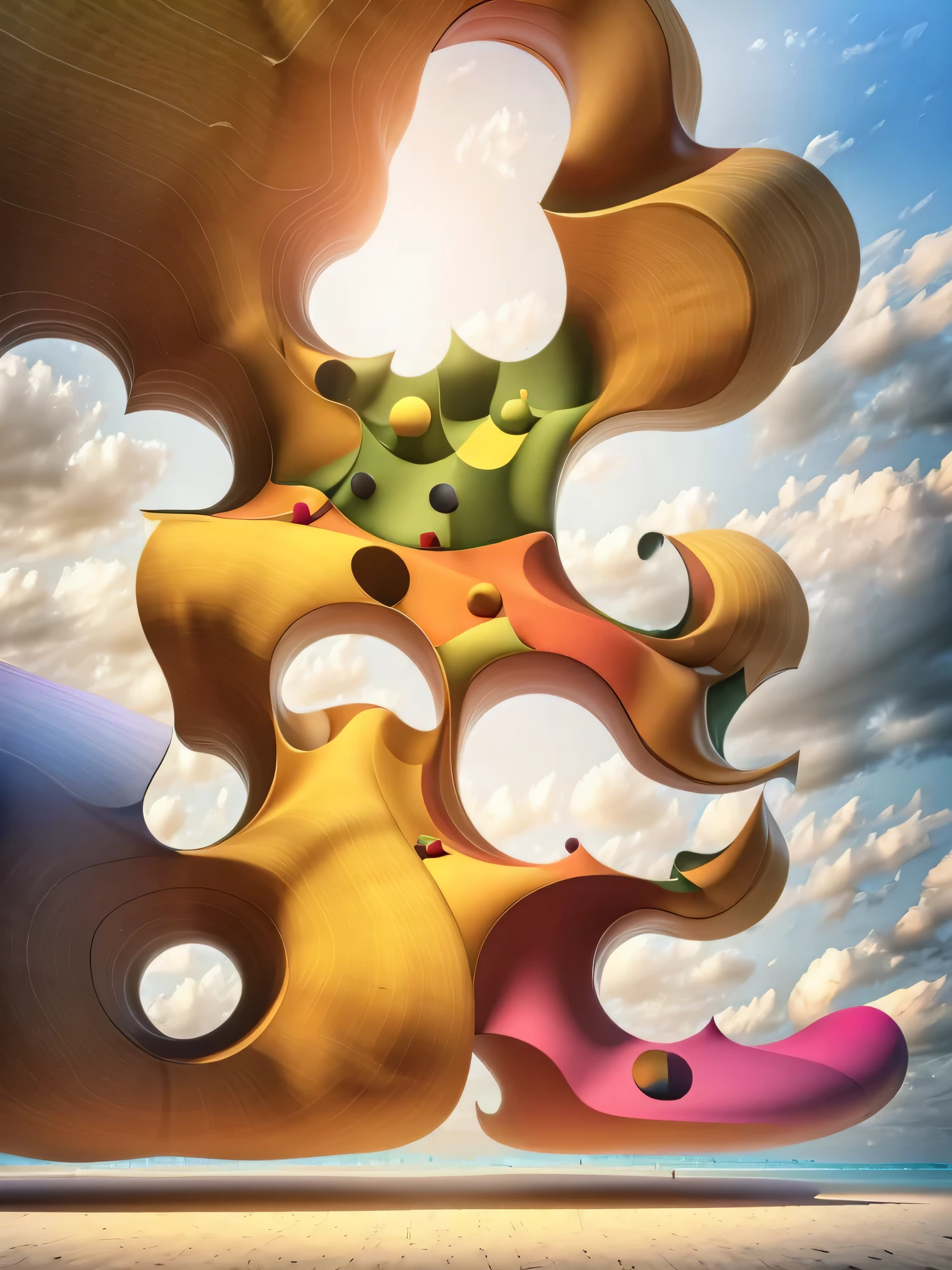 Hyper-realistic ultra beautiful surreal happy wood painted bodies built-in with other surreal motives, parts of these bodies are missing and replaced by huge cubist effects, happy cloudy minimal background, ultra surreal Picasso style, Miró Style, Super-detailed, Studio Quality, 48k / HD, Normal Contrast, hyper Realistic Shadows, octane Rendering, Sharp Focus