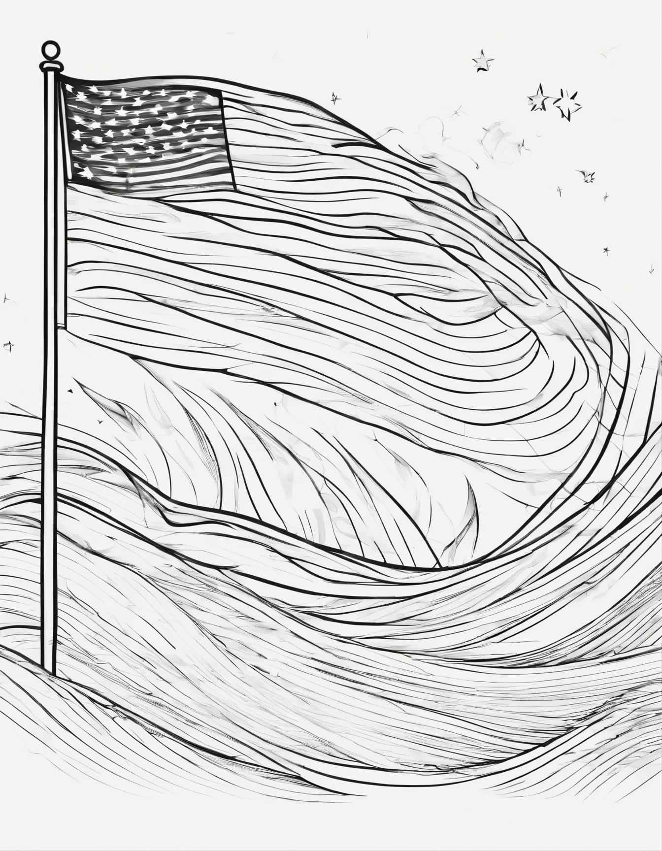 A detailed illustration of the American flag waving in the wind, perfect for intricate coloring of stars and stripes.