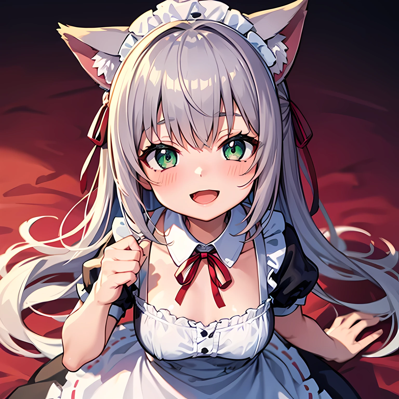 High resolution,highest quality, 1 girl, :d, animal ears, apron, black dress, Glee Hair, blush, dress, frilled apron, frills, looking at the viewer, maid, maid apron, maid headdress, neck ribbon, open your mouth, puffy short sleeve, plump sleeves, green eyes, red ribbon, ribbon, short sleeve, smile, alone,long hair,look up,Upper body,Angle of looking up