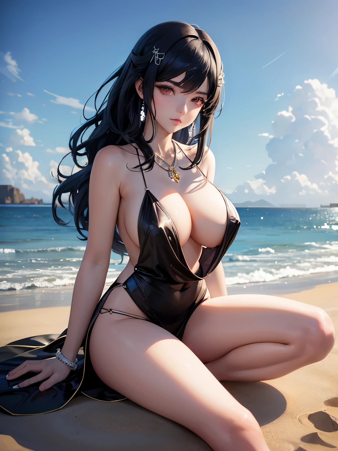 anime girl with black hair sitting on a beach near the ocean, seductive anime girl, artwork in the style of guweiz, extremely detailed artgerm, guweiz, beautiful alluring anime woman, [ 4 k digital art ]!!, beautiful anime girl, artgerm. anime illustration, guweiz masterpiece, beautiful anime woman, detailed digital anime art