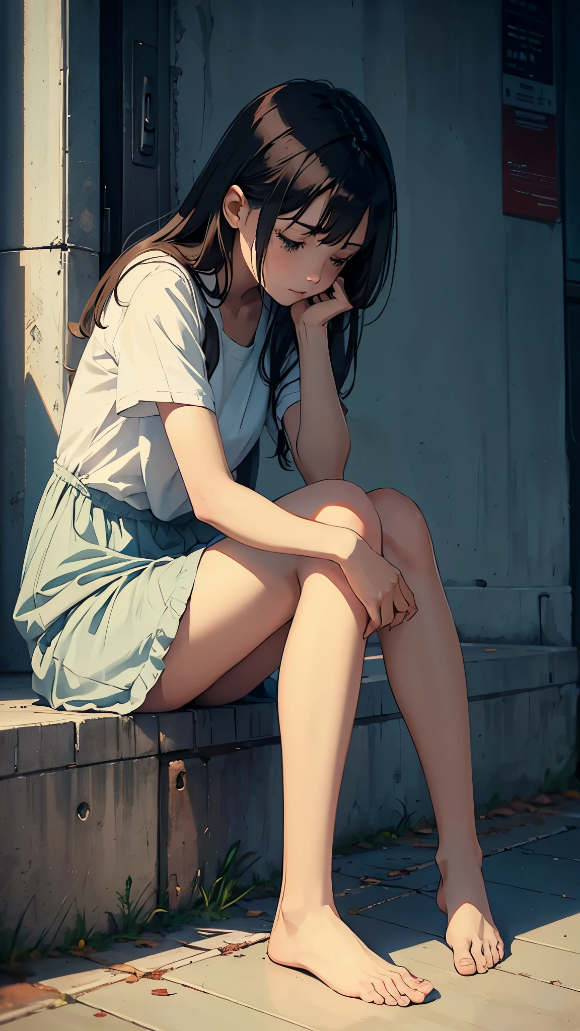 melancolic cinematic artwork, muted colors, emotional, simple, deep, a girl sitting on the ground, hugging the legs, bare feets, 