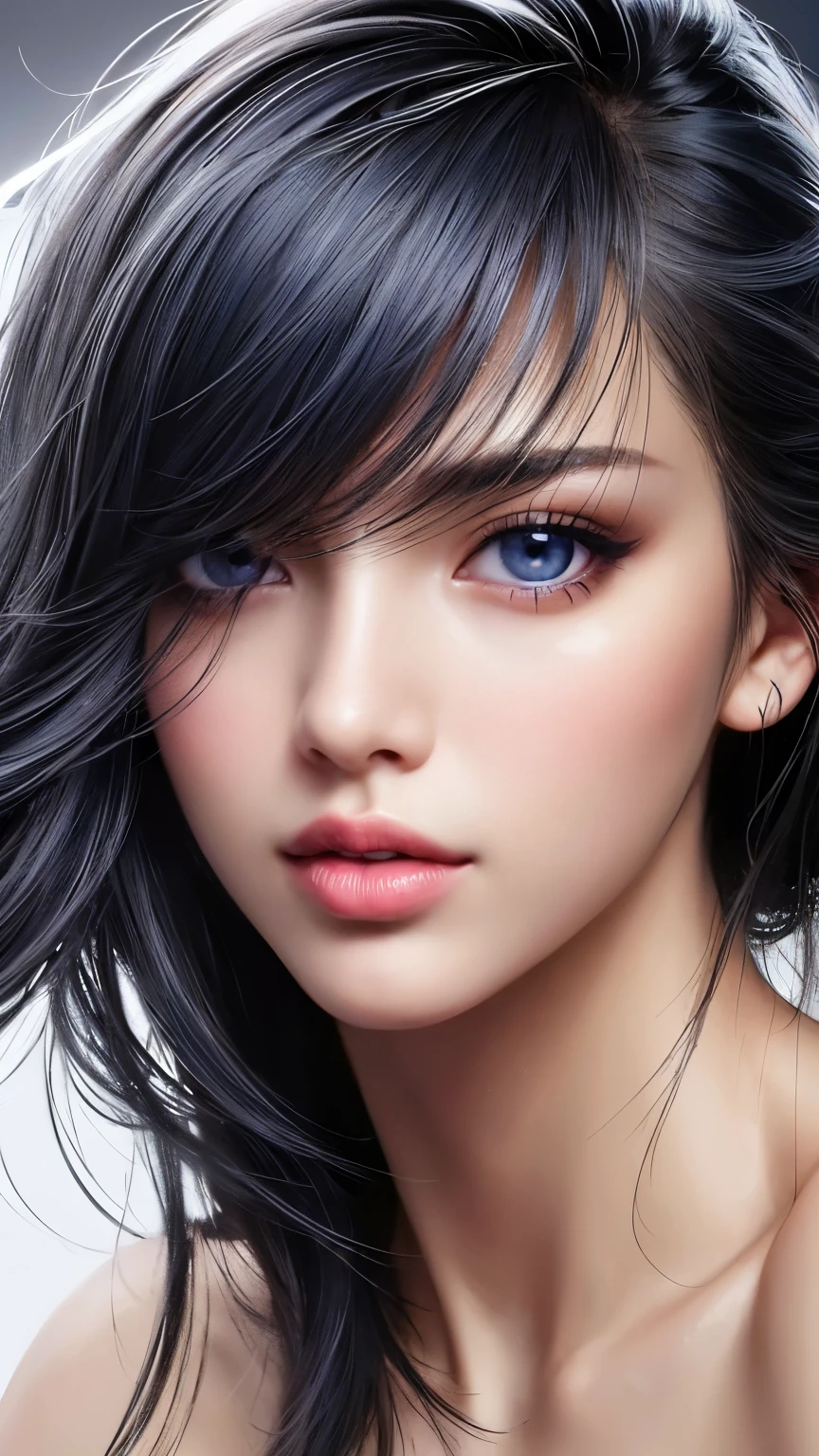 masterpiece, best quality, ultra-detailed, facing the camera head on, intricately detailed hyperdetailed, realistic, sharp features, highly detailed, sharp focus, perfect face, perfect face, perfect symmetrically perfect eyes, perfect full lips, flexible female form, cinematic, film light, hyper detailed, hyper realistic, masterpiece, atmospheric, high resolution, vibrant, dynamic studio lighting, nsfw, ((Dark background)), Sexy face, Facial expressions when receiving pleasure,  straight Bangs, 