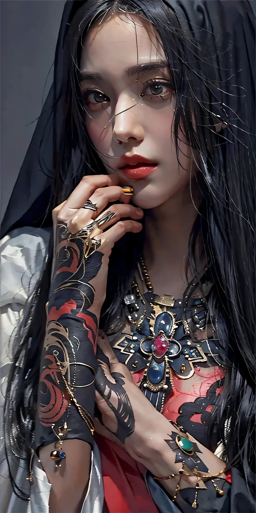 photorealistic, high resolution, soft light,1women, solo, hips up, shining skin, (detailed face), jewelry, tattoo, black nun clothing, black hair, super long hair, looking viewers, tatto, messy hair, close up