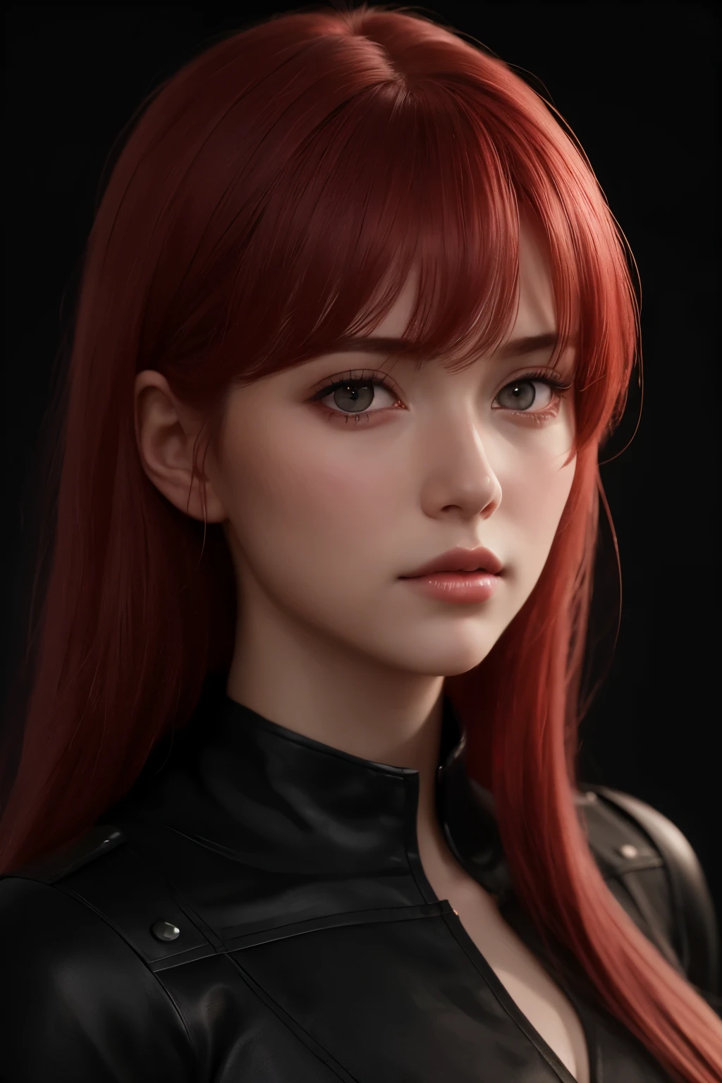 1 girl, star eye, blush, perfect lighting, redhead, red eyes, unreal engine, side light, detailed face, bangs, bright skin, simple background, dark background, 