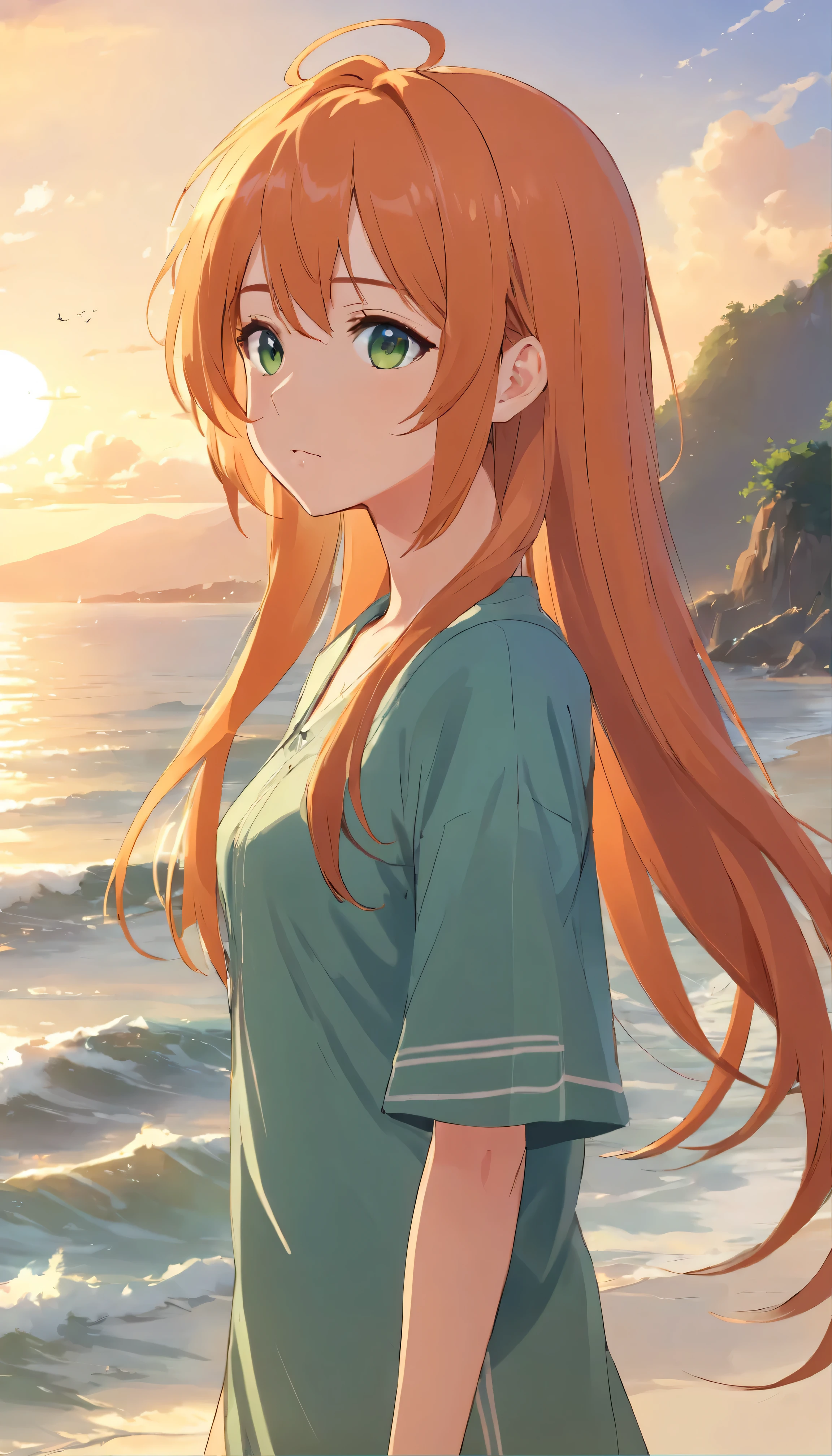 Anime girl with long orange hair, standing on the beach near the ocean, green eyes detailed digital anime art, anime girl with long hair, гладкое аниме cg art, anime girl with long hair, digital anime art, work in Guweiz style, Beautiful anime portrait, Photorealistic render of an anime girl, Beautiful anime girl, advanced digital anime art, guweiz на artstation pixiv HD UHD HQ
