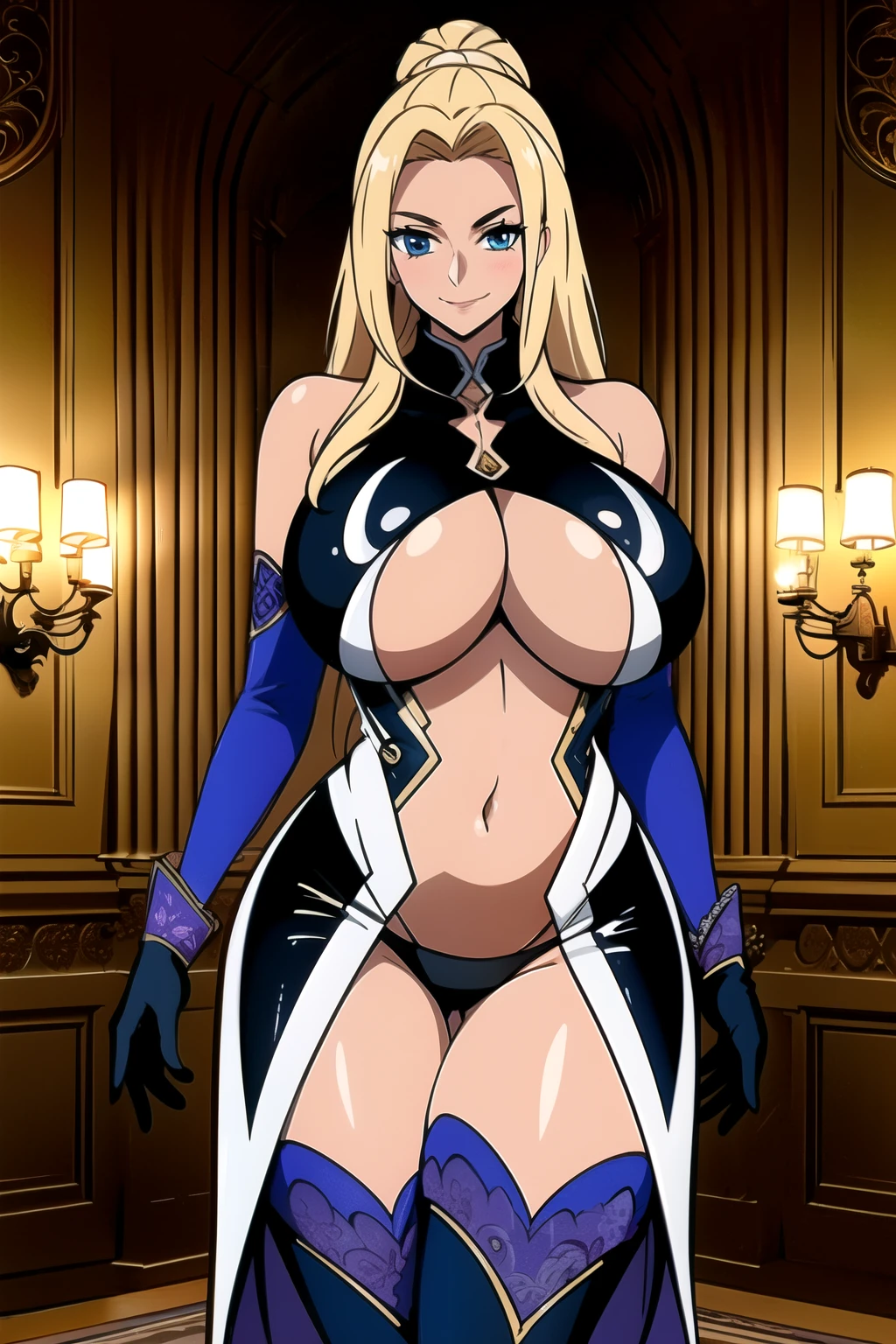 masterpiece, ((ultra detailed background, delicate pattern, intricate detail)), (highly detailed, fine details), best quality, beautiful lighting, (gigantic breasts)), NicoRobinV2, 1girl, blonde hair, long hair, solo, gigantic breasts, (smile), blue eyes, closed mouth, hair slicked back, jewelry, collarbone, (((helloutfit:1.1), underboob, elbow gloves, thigh boots, highleg panties, bare shoulders, curvy, midriff, curvy, thighs, higheels, shiny clothes), (complex detailed background, inside, luxury palace), curvy, cowboy shot