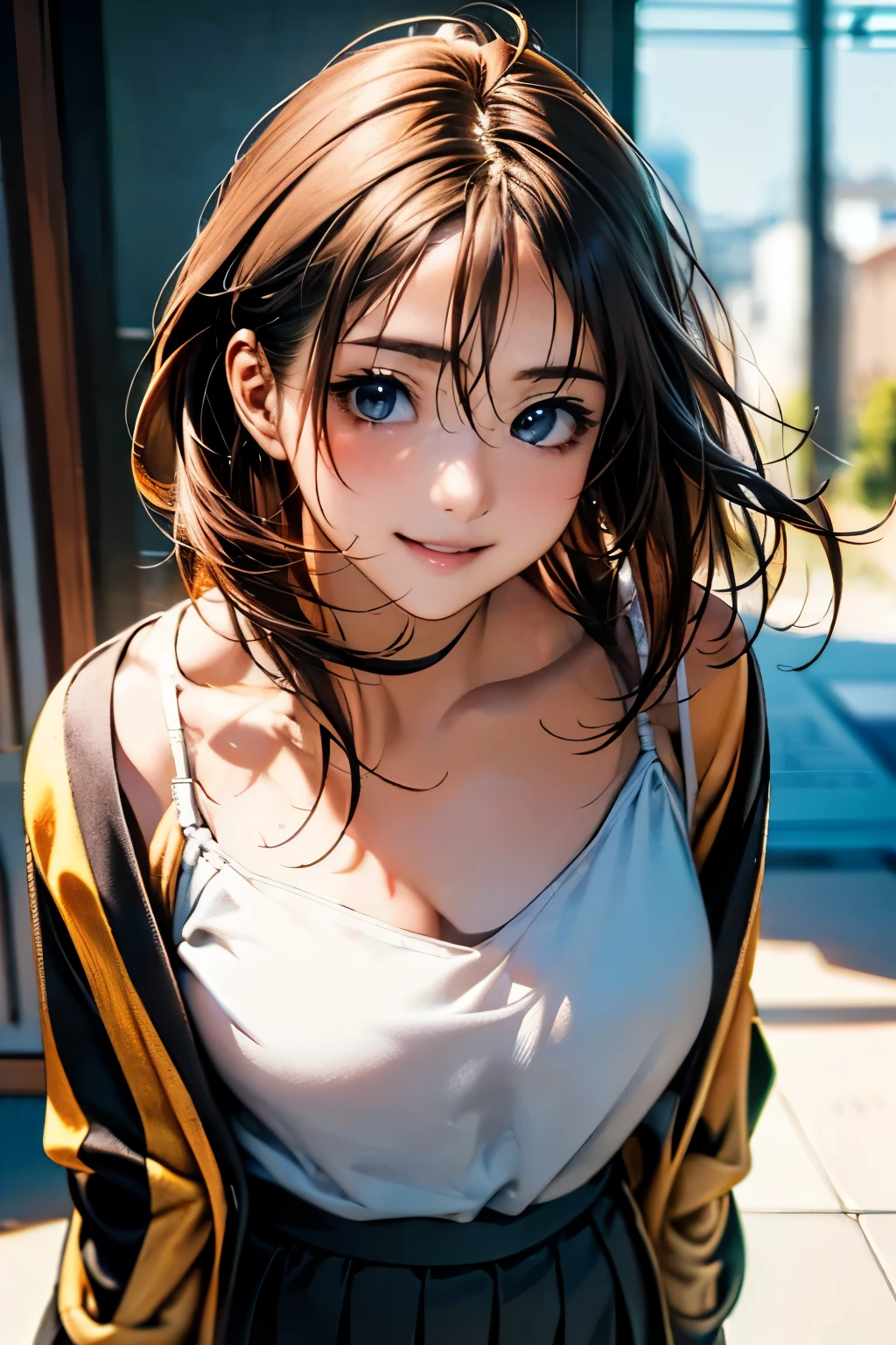 (masterpiece:1.2, highest quality), (realistic, photorealistic:1.4), beautiful illustrations, (natural side lighting, movie lighting),
looking at the viewer, face focus, Upper body, ((1 girl)), Japanese, 18-year-old, perfect face, perfect body, Cute symmetrical face, shiny skin, baby face,
(medium hair, straight hair, light brown hair), hair between eyes, emerald green eyes, seductive thighs, thin, (big breasts:1.4),
beautiful hair, beautiful face, thin and beautiful eyes, beautiful clavicle, beautiful body, beautiful breasts, beautiful thighs, beautiful feet, beautiful fingers,
((round neck jacket:1.6, blouse, black tight skirt)),
(beautiful scenery), evening, (office), Are standing, (cute smile),