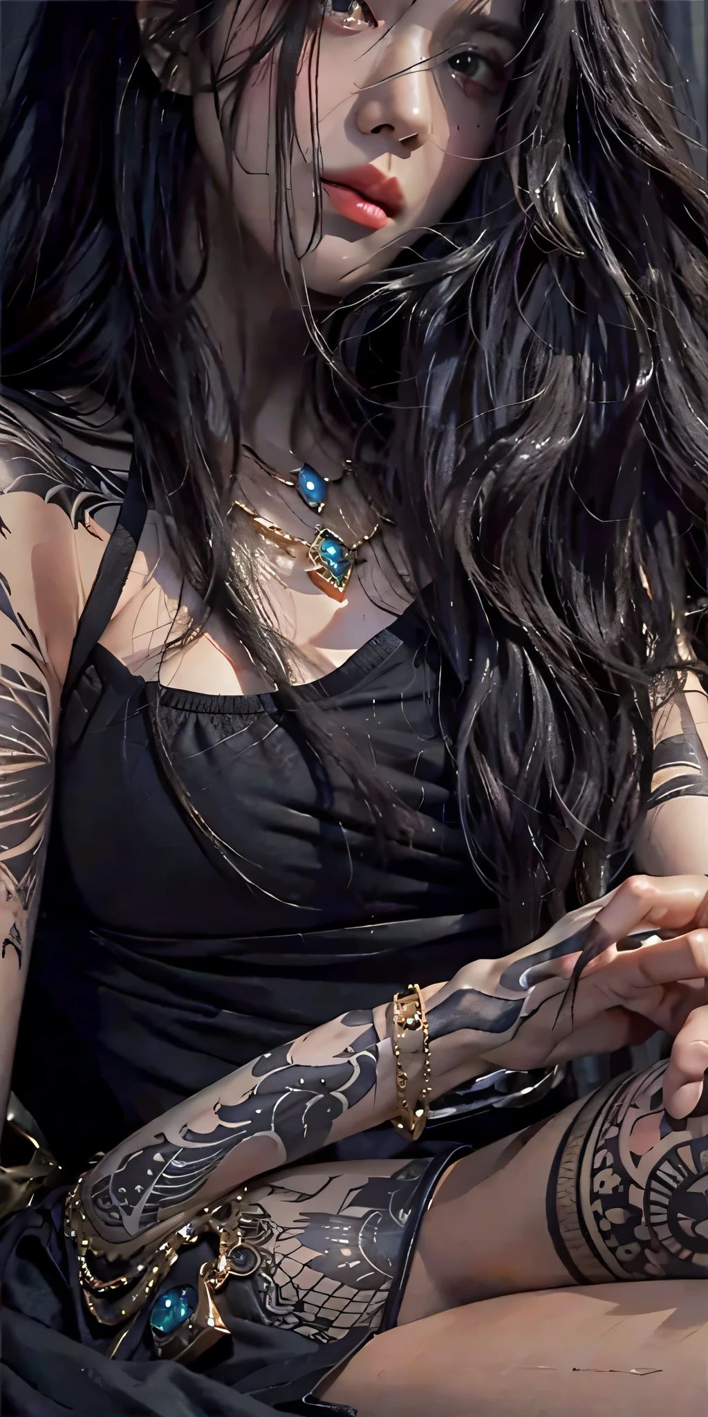 photorealistic, high resolution, soft light,1women, solo, hips up, shining skin, (detailed face), jewelry, tattoo,black dress mafia clothing, black hair, super long hair, looking viewers, tatto, messy hair, close up