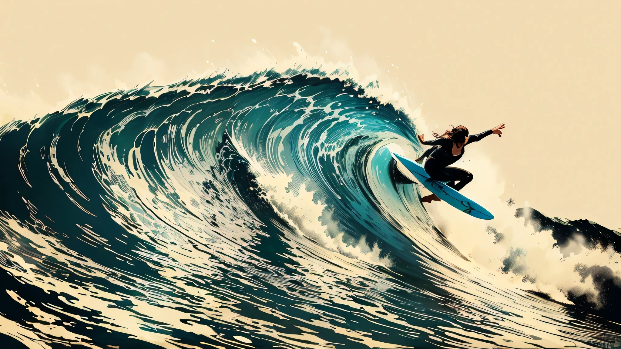 surfer riding a wave in the ocean on a sunny day, by Tim Doyle, inspired by Tim Doyle, surfing, big wave surfing, jen bartel, surf, ride the wind and waves, surfing a barrel wave, big wave, tube wave, by Mitchell Johnson, by Arik Brauer, highly detailed vector art, by Matt Stewart, by Clint Cearley