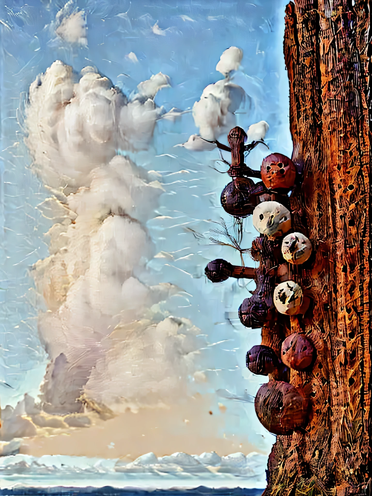 Hyper-realistic ultra beautiful surreal happy wood painted bodies built-in with other surreal shapes, parts of these bodies are missing and replaced by huge cubist motives, happy cloudy minimal background, Picasso style, Miró Style, Super-detailed, Studio Quality, 48k / HD, Normal Contrast, hyper Realistic Shadows, octane Rendering, Sharp Focus