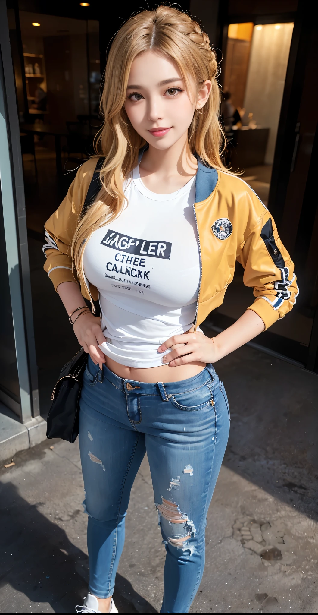 (1girl),large breasts,  breasts, tan, dewy skin, sweaty skin, wavy blonde hair, punk tshirt, punk girl, varsity jacket, full body view, cowboy shot, hand on hips pose, cute smile