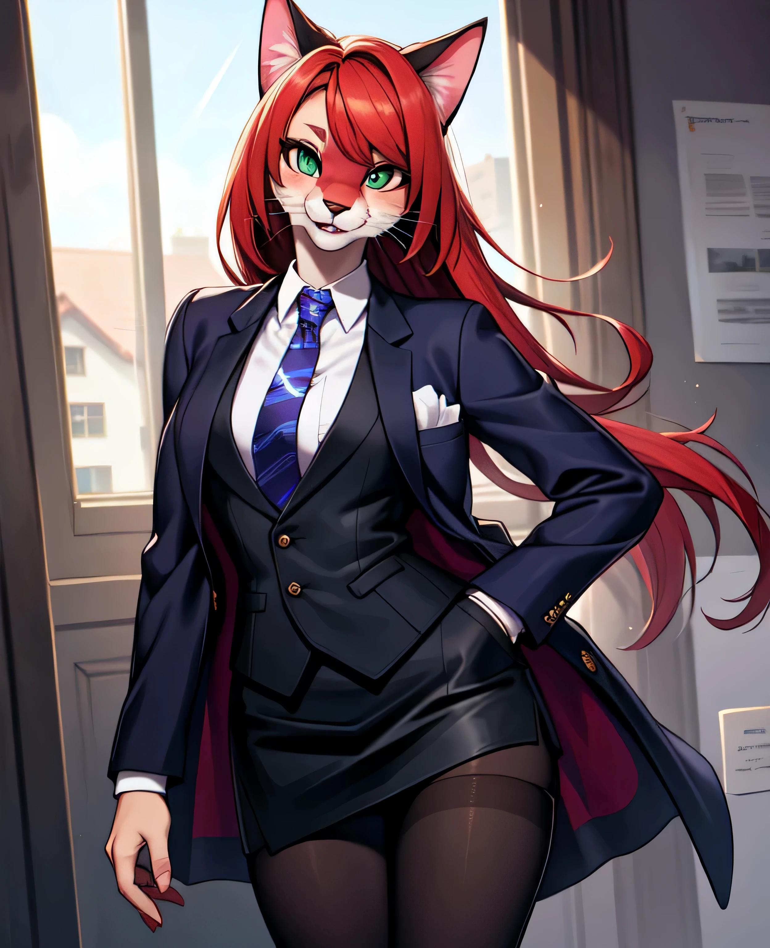 1girl, looking at viewer, (hi reasterpiece)) , ((best quality)), illustration, feline, cat, furry female, mammal, anthro, skirt suit, suit and tie, (((three-piece suit))), silk dress shirt, shirt and tie, (((necktie))), ((blazer)), ((suit jacket)) ((waistcoat)), ((bodycon miniskirt)), pantyhose, tights, stockings, tie clip, pocket square, tailored suit, (((cufflinks))),