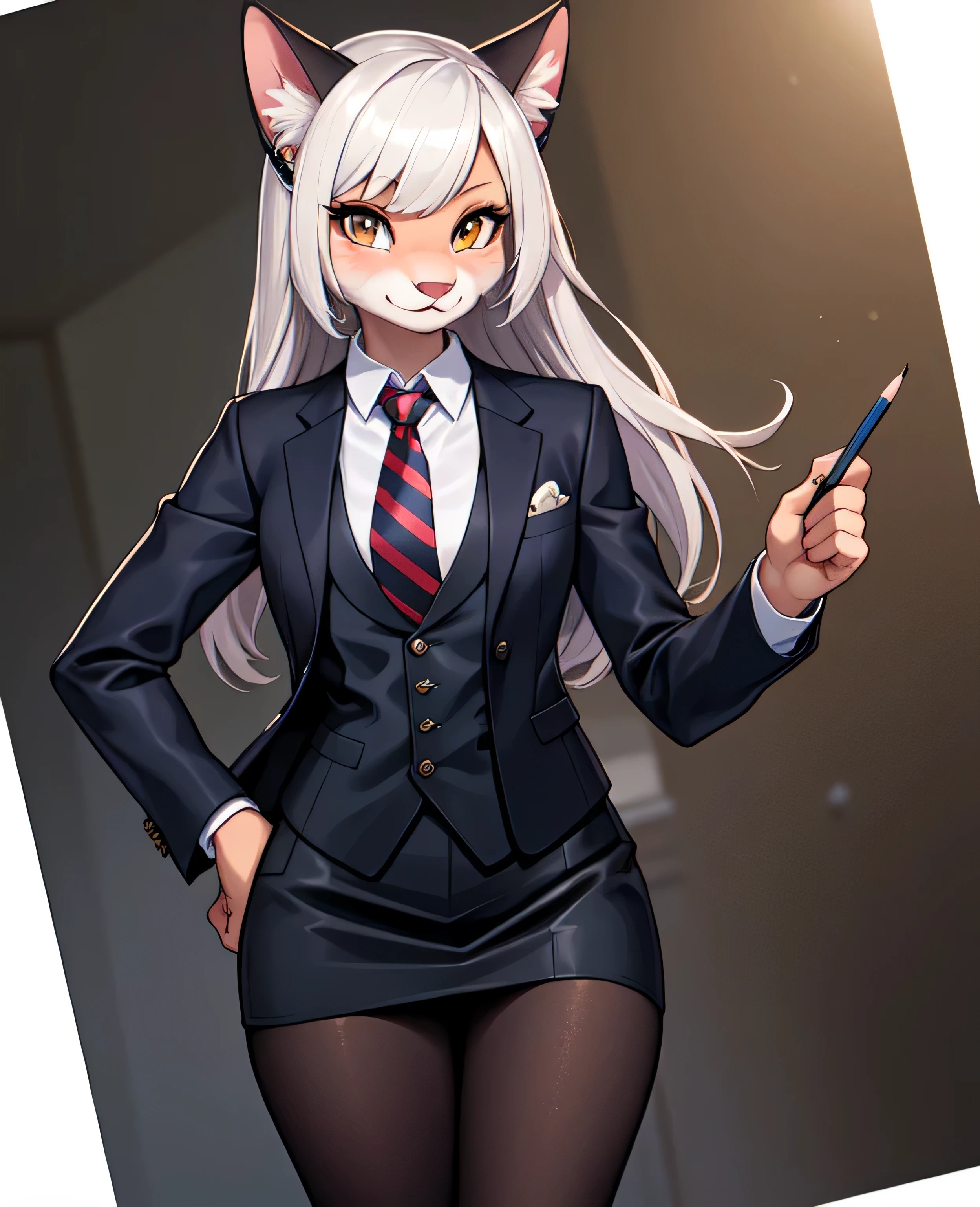 1girl, looking at viewer, (hi reasterpiece)), solo , ((best quality)), illustration, feline, cat, furry female, mammal, anthro, skirt suit, suit and tie, (((three-piece suit))), silk dress shirt, shirt and tie, (((necktie))), ((blazer)), ((suit jacket)) ((waistcoat)), ((bodycon miniskirt)), pencil skirt, pantyhose, tights, stockings, tie clip, pocket square, tailored suit, (((cufflinks))),