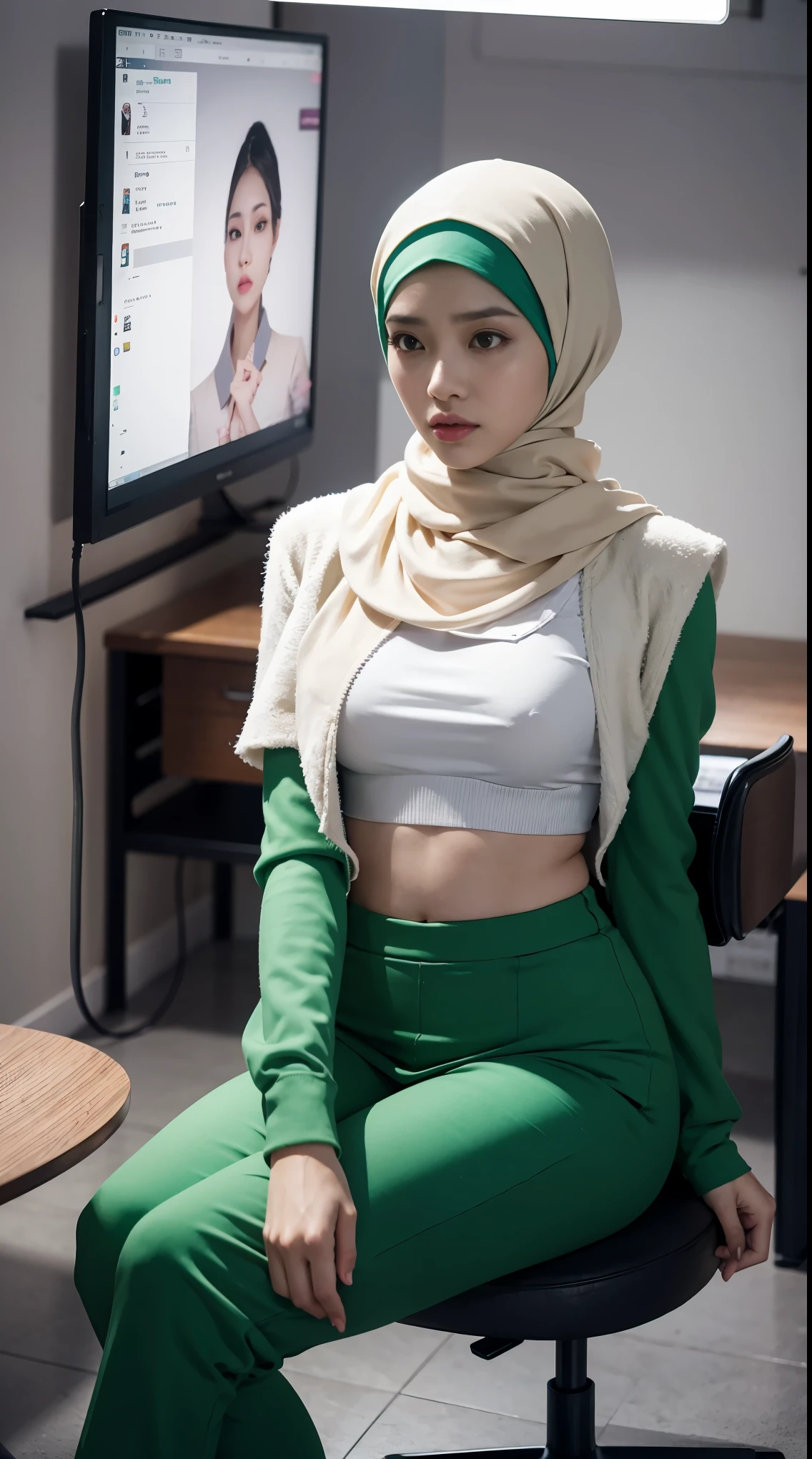 Beautiful fair skin matured malay girl in hijab seating in meeting room angry, 45 years old, milf, angry pose, angry face, meeting room, morning, wearing hijab, pastel color hijab, green office outfit, green suits, , small breast, flat chest, wide waist, beer belly, thick thighs,Prores lense, Low angle shot, Desaturated color grading, rear projection, Tungsten light, Dynamic shadows, indie, huge tits, gigantic breast