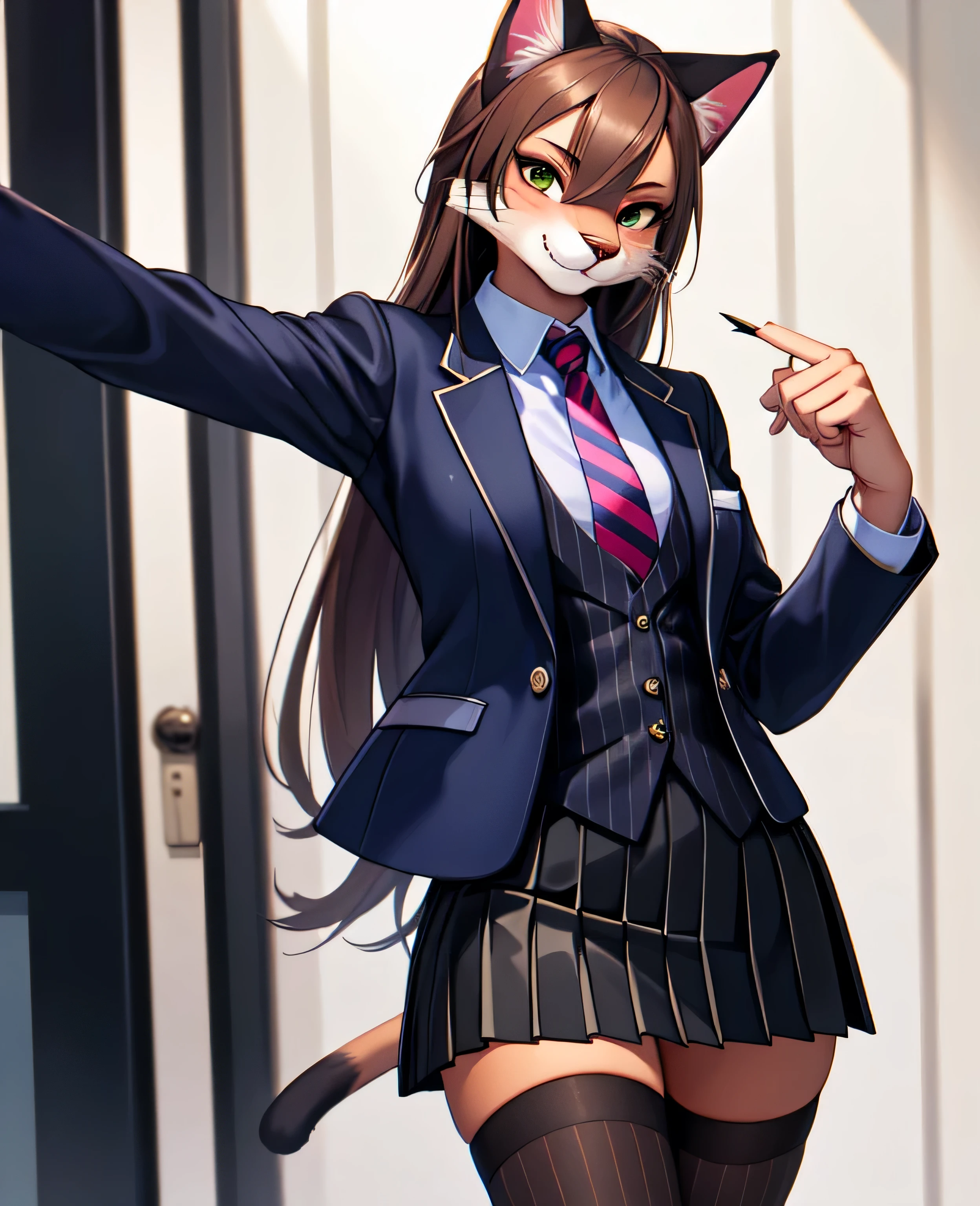 1girl, looking at viewer, (hi reasterpiece)), solo , ((best quality)), illustration, feline, cat, furry female, mammal, anthro, (((navy pinstripe skirt suit))), suit and tie, (((three-piece suit))), silk dress shirt, shirt and tie, (((necktie))), ((blazer)), ((suit jacket)) ((waistcoat)), ((bodycon miniskirt)), pencil skirt, pantyhose, tights, stockings, tie clip, pocket square, tailored suit, (((cufflinks))),