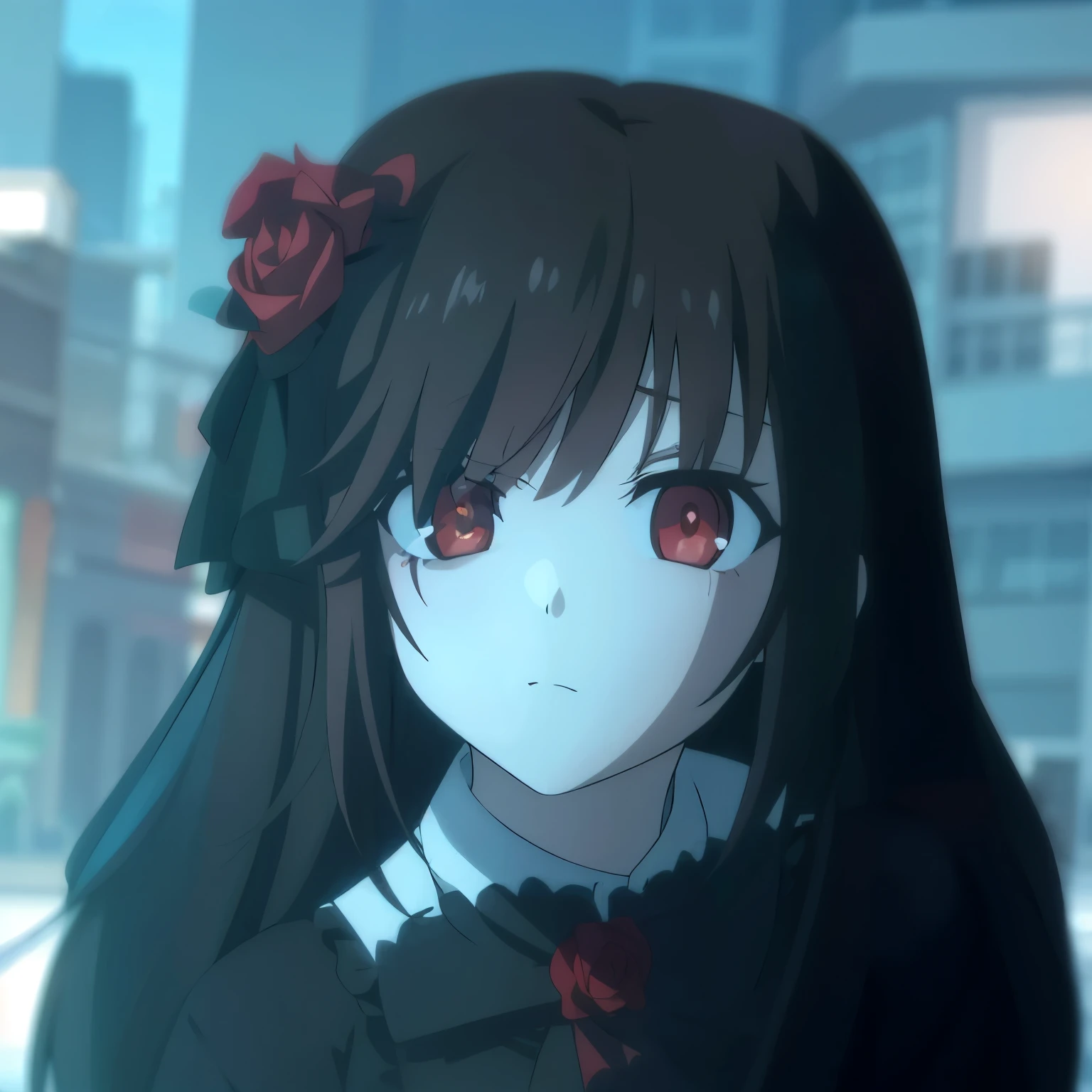 high quality, masterpiece. girl. Red eyes. dark hair. Rose in the hair. rose on clothes. Dark gothic outfit. An indifferent face. against the backdrop of the city
