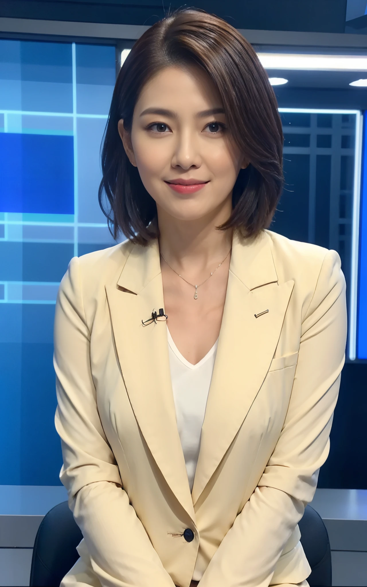 highest image quality, ultra high resolution, 1 lady in, beautiful face, short hair, Announcer wearing tight long-sleeved suit, Sit in the studio, news caster
