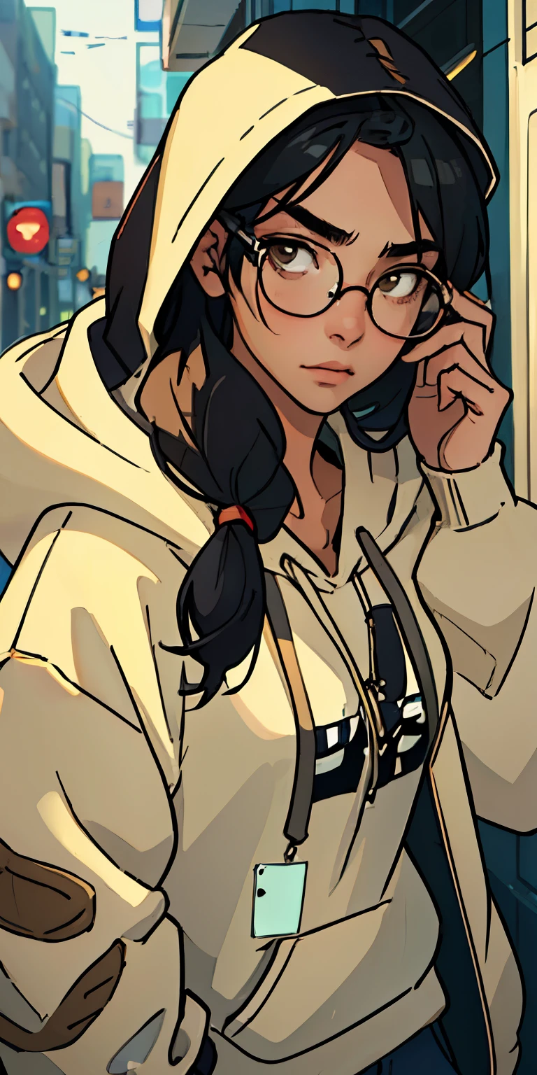 (masterpiece, best quality:1.2), solo, 1girl, acne, glasses, neutral face, walking, hoodie, black hair, long hair, looking down at phone, light from phone illuminating face, loose strains of hair in face, up close shot.