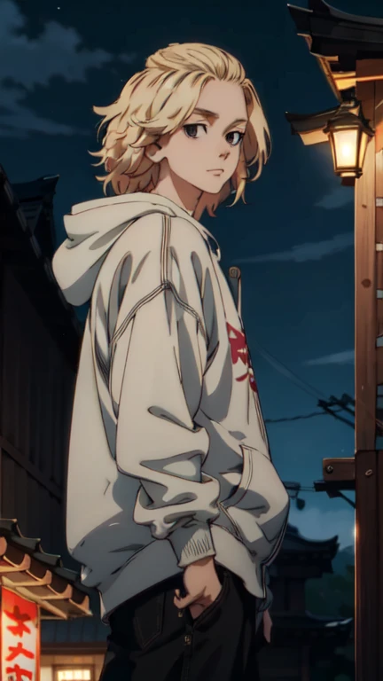 Manjiro Sano, Tokyo Revengers, blonde hair, black eyes, wearing a black hoodie, 80s style, 90s style, anime, album cover, standing infront of a tori gate on a shrine at night, detailed eyes, detailed shot, lots of lights in the back