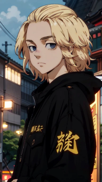 Manjiro Sano, Tokyo Revengers, blonde hair, black eyes, wearing a black hoodie, 80s style, 90s style, anime, album cover, standing infront of a tori gate on a shrine at night, detailed eyes, detailed shot, lots of lights in the back