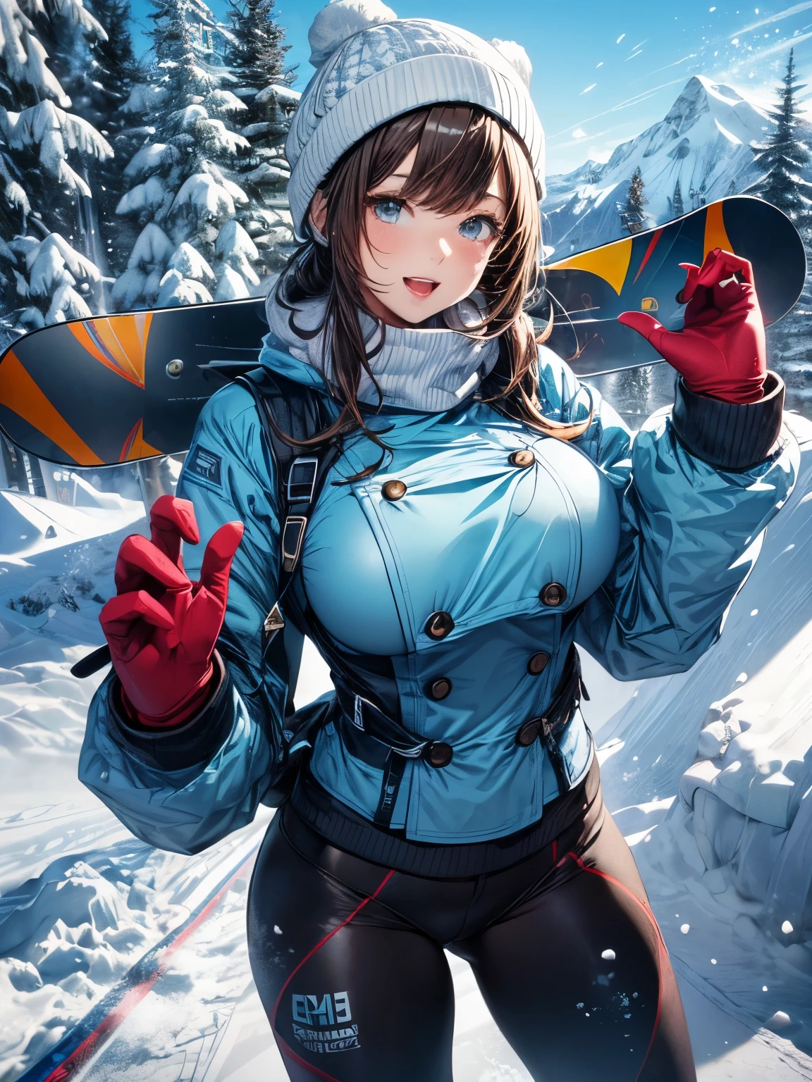 highest quality、All limbs、full finger、brown haired woman、wavy hair woman、(big breasted woman:1.9)、((Slender beauty))、1 female、(((A woman wearing light blue snowboarding clothing:1.3))), A woman wearing a white knitted hat、snow mountain、ski slope、snow board、big smile、hands on hips