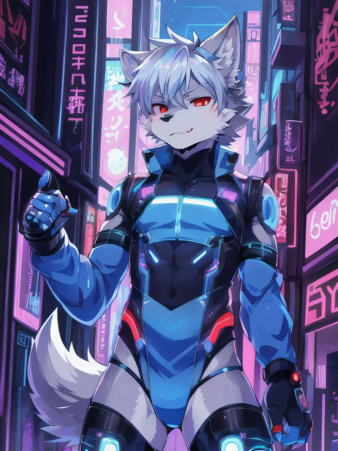 masterpiece, perfect anatomy, solo, 1boy, Furry, kemono, furry wolf, anthropomorphic, male, silver fur, silver skin, red eyes, femboy, cyberpunk clothes, revealing clothes, crop top, thong, ((blue clothing)), cyberpunk city, strip club, uploaded on e621, Cyberpunk technology. cybernetics,