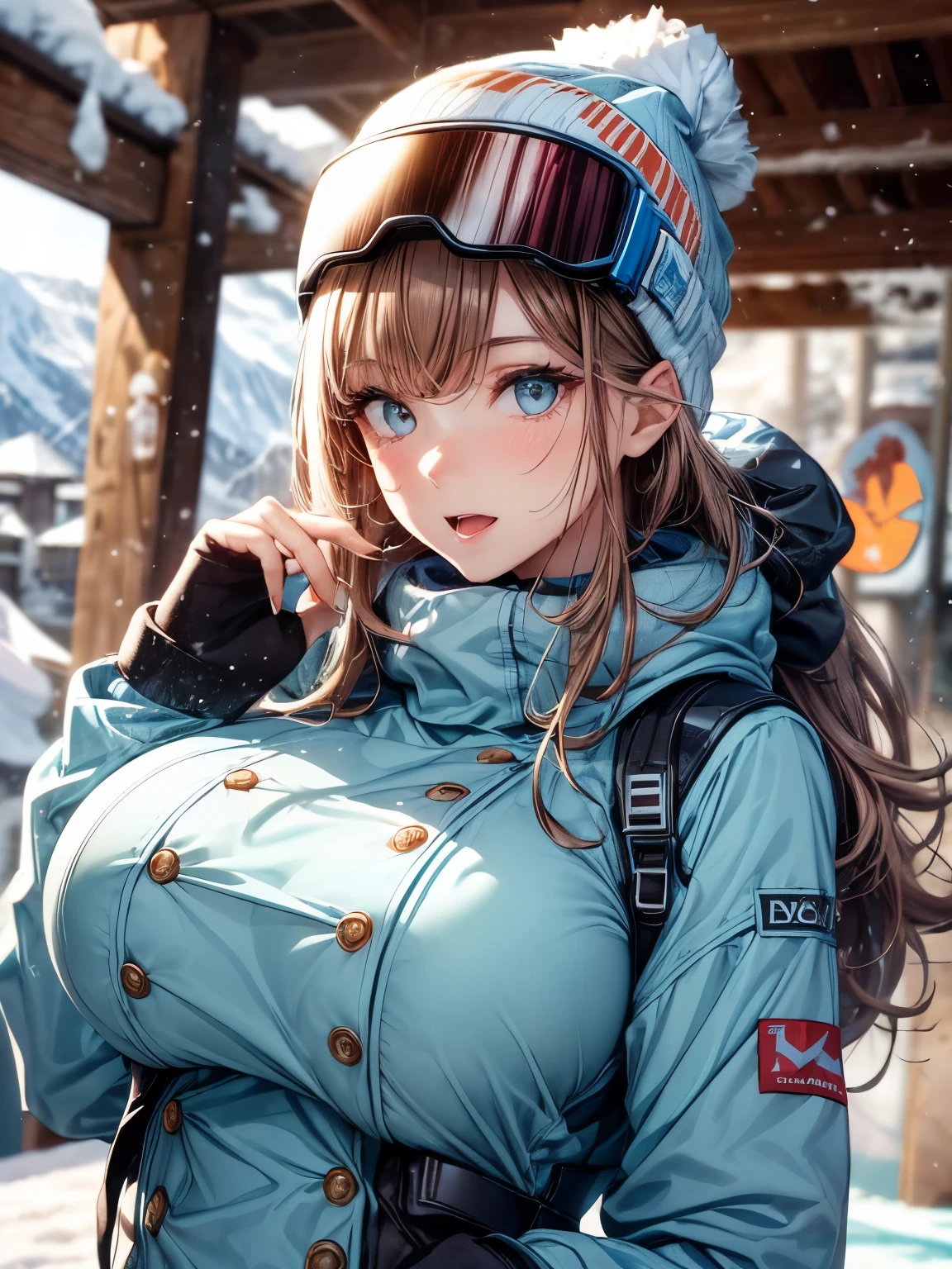 highest quality、All limbs、full finger、brown haired woman、wavy hair woman、(big breasted woman:1.9)、((Slender beauty))、1 female、(((A woman wearing light blue snowboarding clothing:1.3))), A woman wearing a white knitted hat、snow mountain、ski slope、snow board、big smile