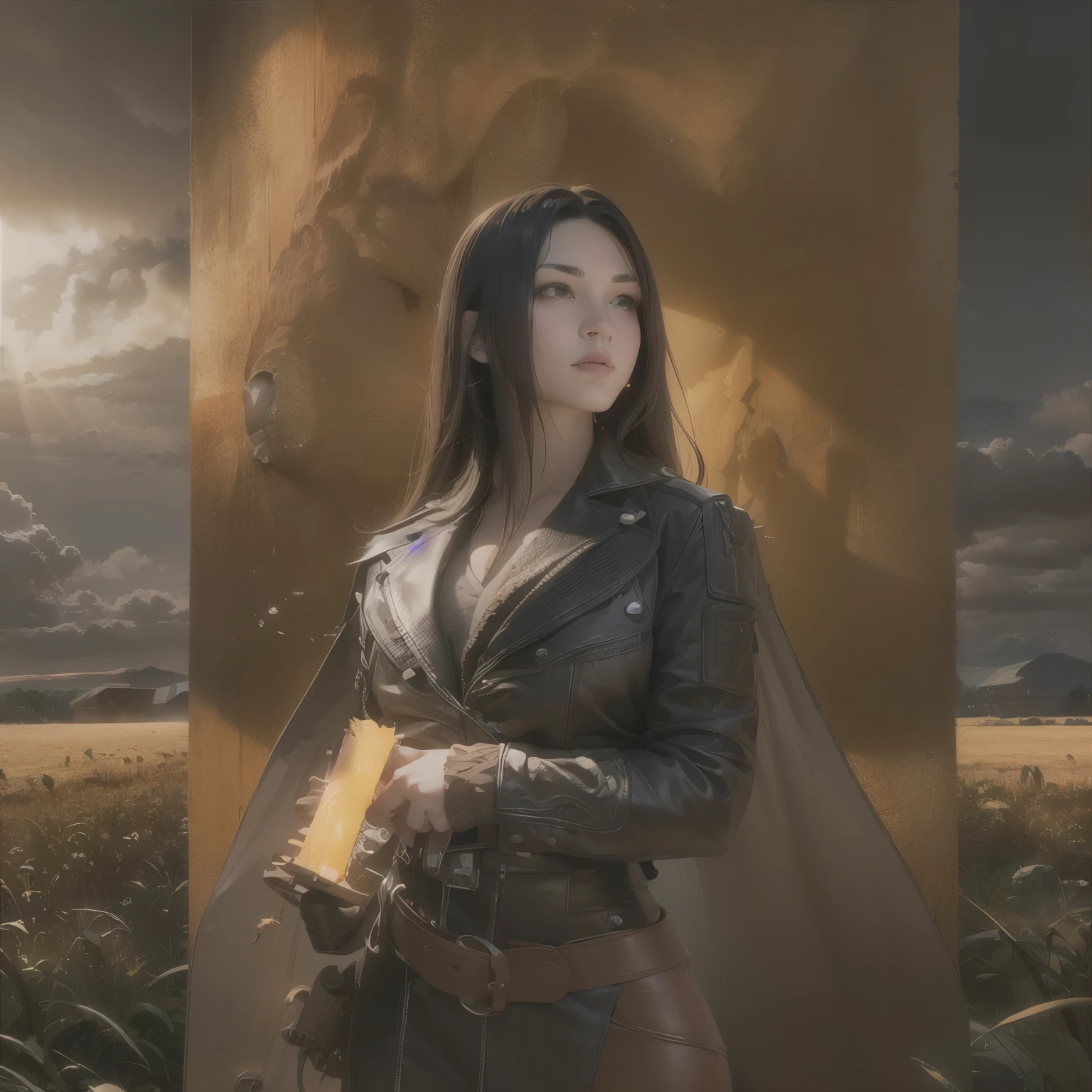 (realism: 1.3), Big, quality, Rembrandt lighting, (masterpiece: 1.2), (realism: 1.2), (Best quality), (leather details: 1.3), (the hard part), dramatic, Idyllic, ray tracing, 1 girl, Chinese yellow girl, Long black hair, 24 years, modern clothes, Sun, Clouds, fields, farms, star Light, Trails)  