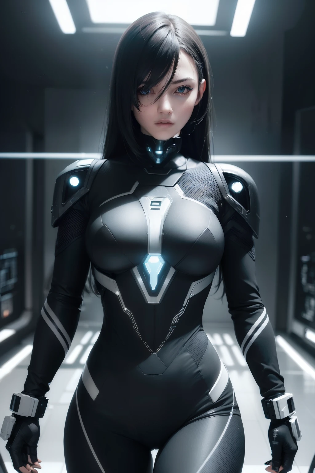 (((cybersoldier style aesthetic))) bust to waist ((half body)) ((beauty shape)) perfect skin, hyperrealistic masterpiece, in extremely complex & superdetailed black and white plugsuit, cinematic illumination: 8k, symmetrical eyes, realistic, sharp focus, HD, highly detailed, intricate, photography, hyperrealism, hyperrealistic, film, studio portrait, detailed, dramatic lighting, (((holding two guns)))