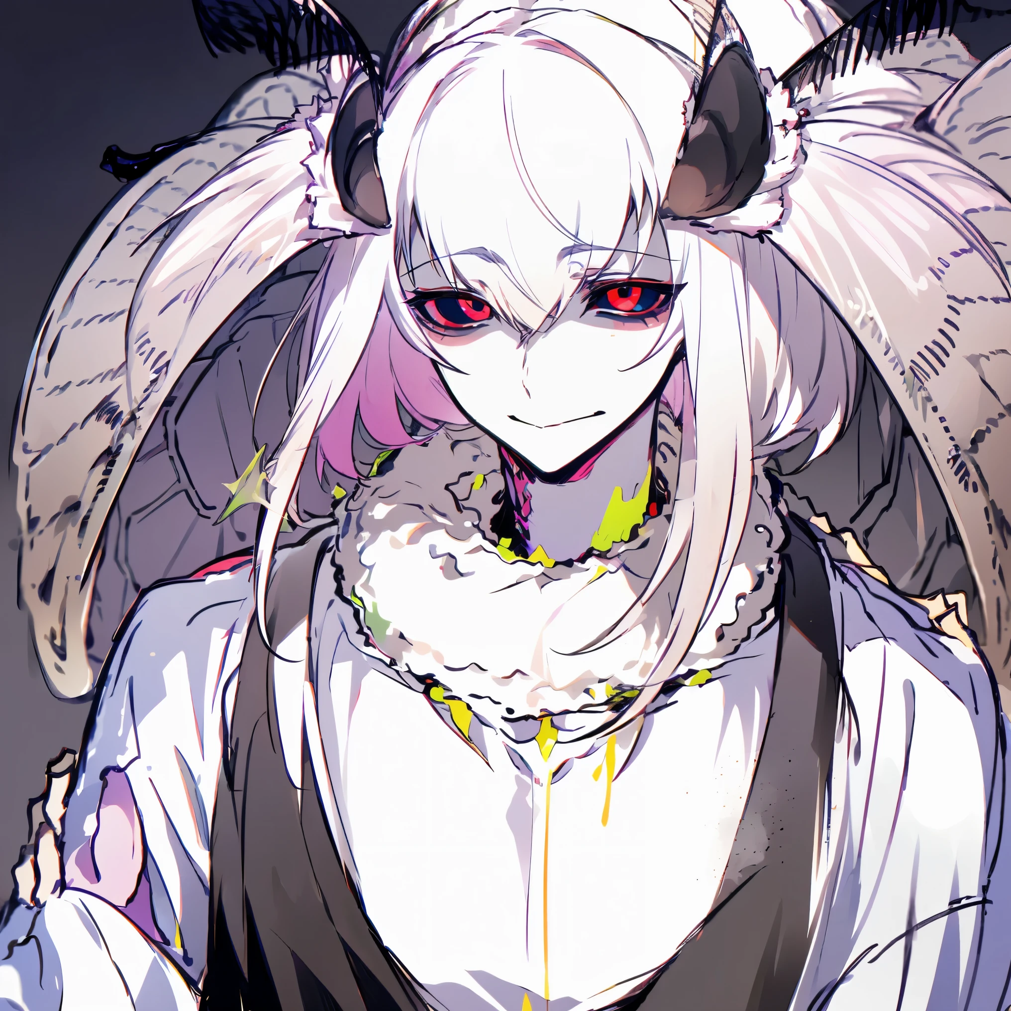 Moth inspired male character, young man, albino, pale skin, white hair, blackened eyes, creepy but cute vibes, yandere, cute smile, handsome, bishonen, beautiful man, pixiv art, masterpiece, good anatomy