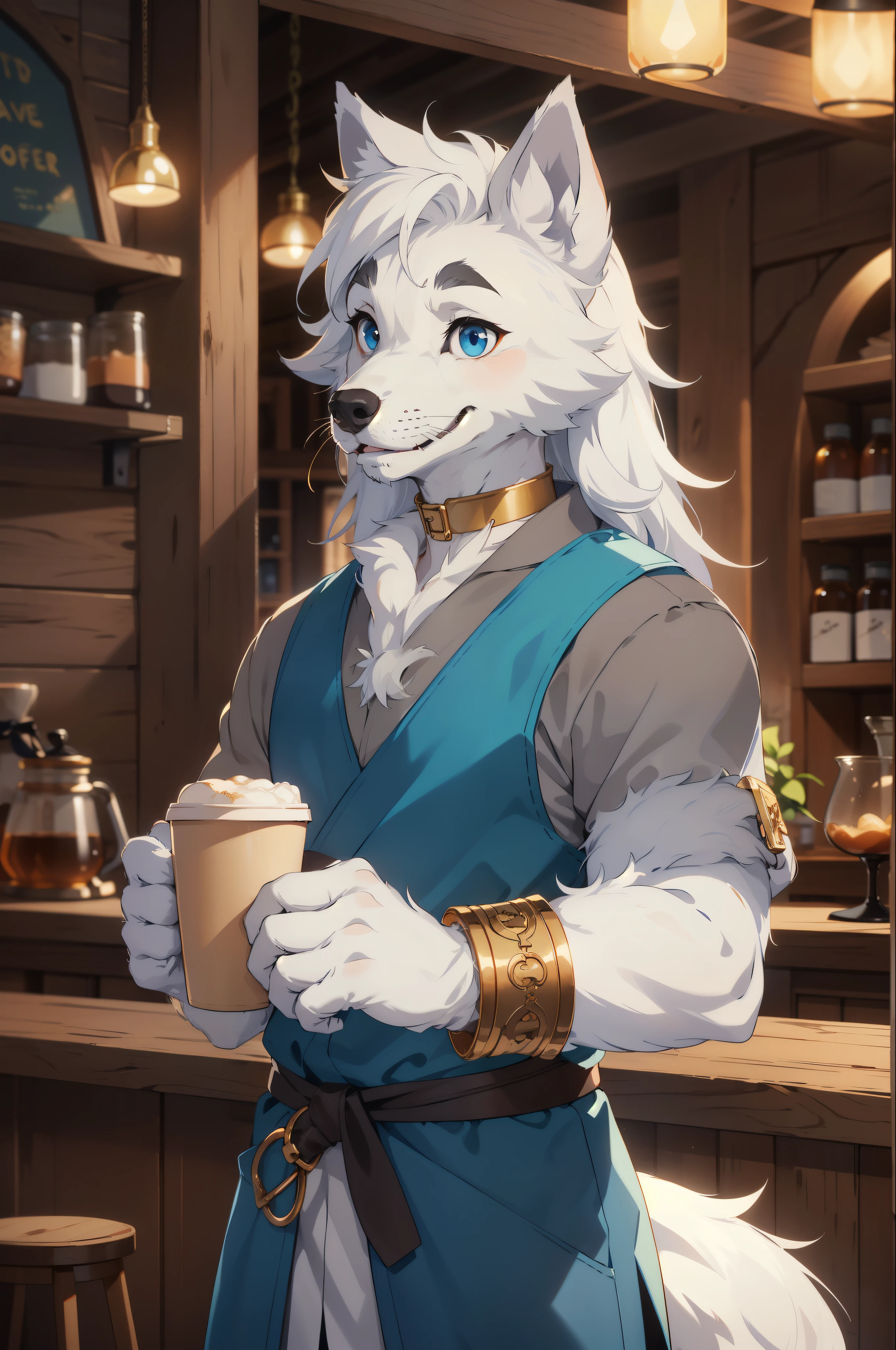 masterpiece, best quality, ((upper body)), Anthro ,furry male, 1_male, furry, male focus, solo, animal ears, wolf ears, shy, (((white fur))), long white hair, wearing grey tunic, a gold choker, a set of gold cuffs on wrists, thick eyebrows, tail, blue eyes, inside rustic tavern, holding cup of coffee,