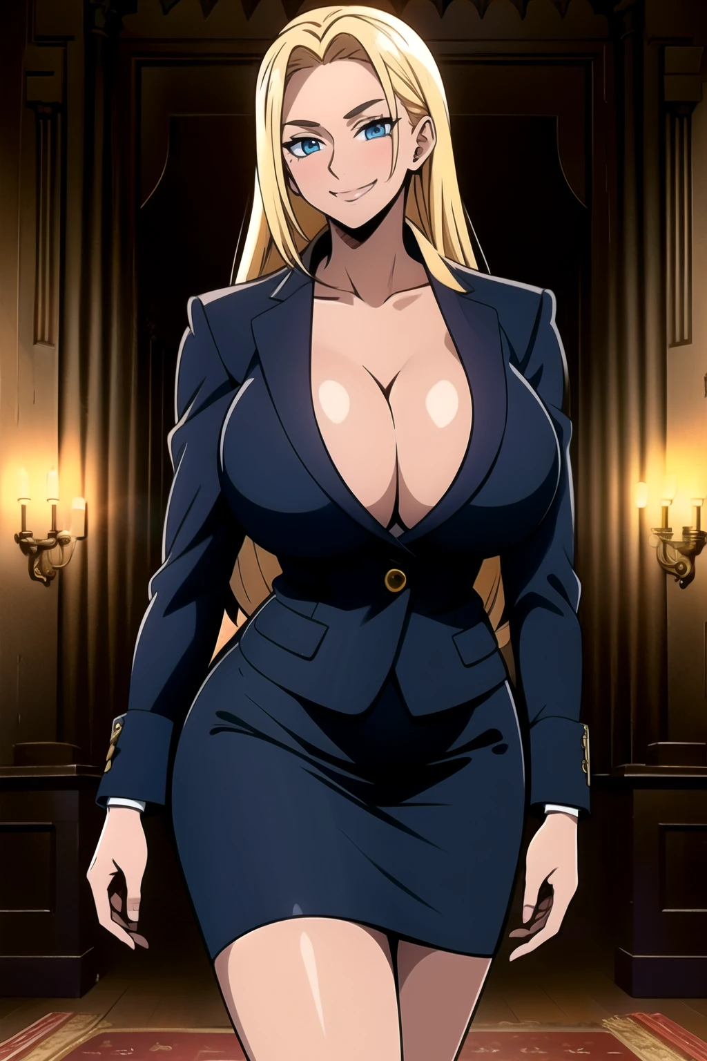 masterpiece, ((ultra detailed background, delicate pattern, intricate detail)), (highly detailed, fine details), best quality, beautiful lighting, (gigantic breasts)), NicoRobinV2, 1girl, blonde hair, long hair, solo, gigantic breasts, (smile), blue eyes, closed mouth, hair slicked back, jewelry, collarbone, ((black skirt suit:1.1), pencil skirt, miniskirt,curvy, thighs, higheels, shiny clothes, skin tight, cleavage), (complex detailed background, inside, luxury palace), curvy, cowboy shot