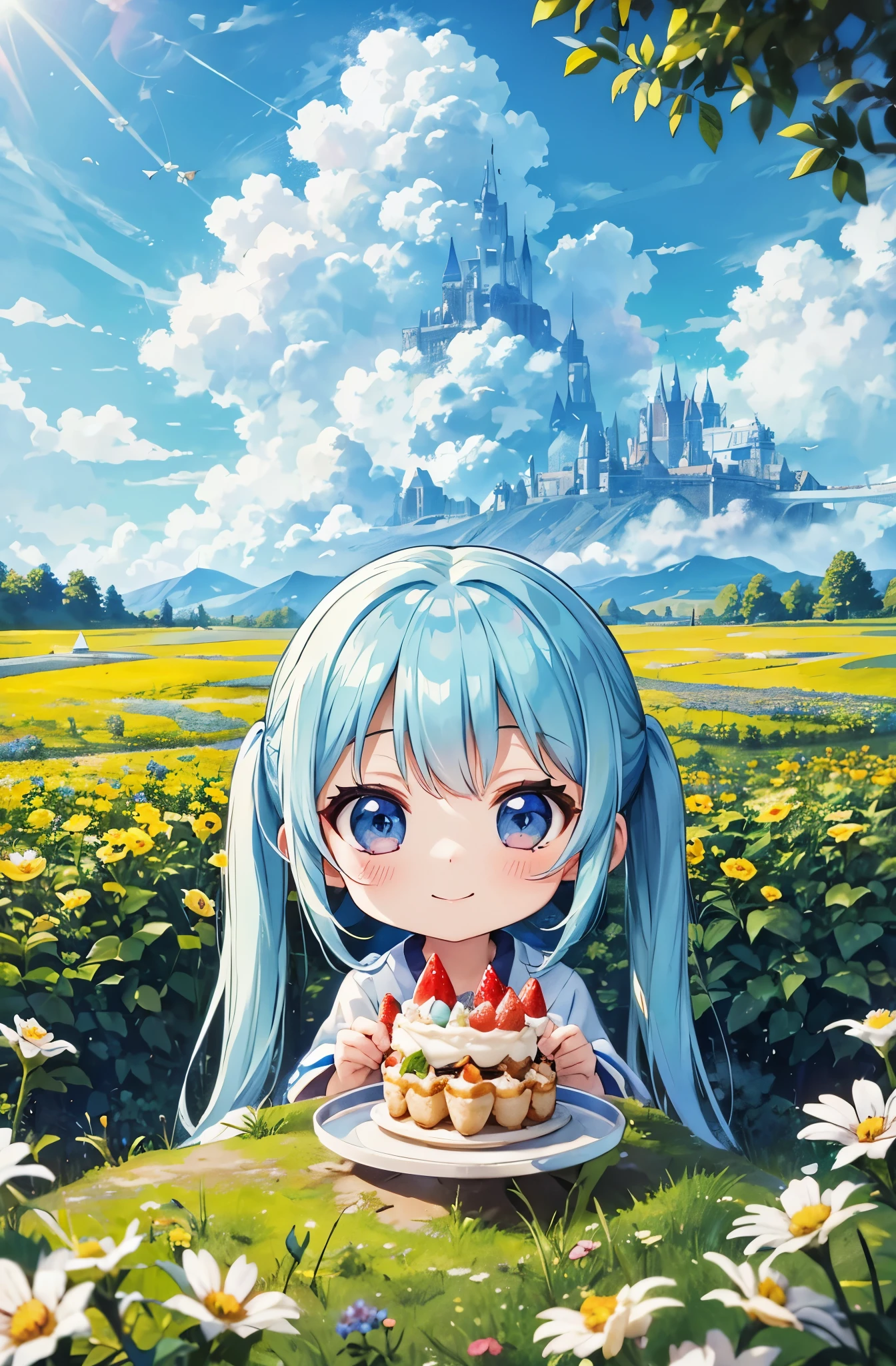 light blue long hair、Beautiful girl with twin tails、cute smile、blue sky、A cafe in a meadow full of flowers、Eating strawberry parfait and shortcake、Chibi characters are also included.、Small birds and squirrels are watching over you.