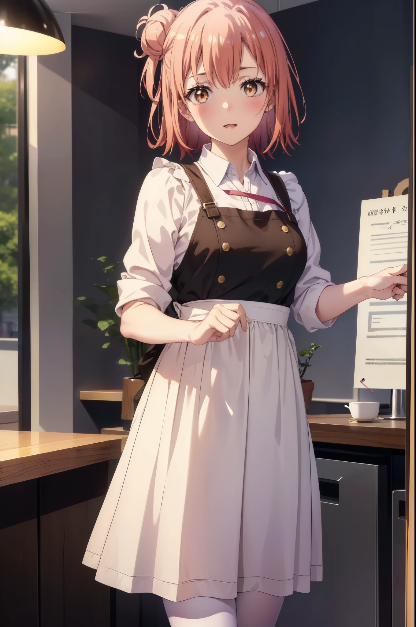 yuiyuigahama, yui yuigahama, short hair, (brown eyes:1.5), (pink hair:1.2), bun hair, single bun hair,(big breasts:1.2),headdress, dress,ロングskirt,white pantyhose,short boots, apron, 両手でskirtを持ち上げている,looking at the viewer, happy smile, smile, blush,open your mouth,skirt, skirt lift, 自分で持ち上げる
break indoors, coffee shop,
break looking at viewer, (cowboy shot:1.5),
break (masterpiece:1.2), highest quality, High resolution, unity 8k wallpaper, (figure:0.8), (detailed and beautiful eyes:1.6), highly detailed face, perfect lighting, Very detailed CG, (perfect hands, perfect anatomy),