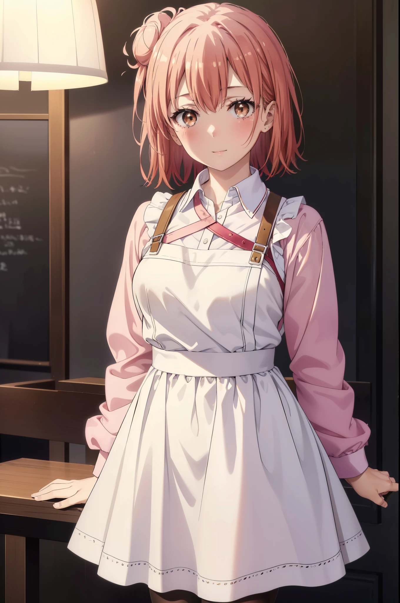 yuiyuigahama, yui yuigahama, short hair, (brown eyes:1.5), (pink hair:1.2), bun hair, single bun hair,(big breasts:1.2),headdress, dress,ロングskirt,white pantyhose,short boots, apron, 両手でskirtを持ち上げている,looking at the viewer, happy smile, smile, blush,open your mouth,skirt, skirt lift, 自分で持ち上げる
break indoors, coffee shop,
break looking at viewer, (cowboy shot:1.5),
break (masterpiece:1.2), highest quality, High resolution, unity 8k wallpaper, (figure:0.8), (detailed and beautiful eyes:1.6), highly detailed face, perfect lighting, Very detailed CG, (perfect hands, perfect anatomy),