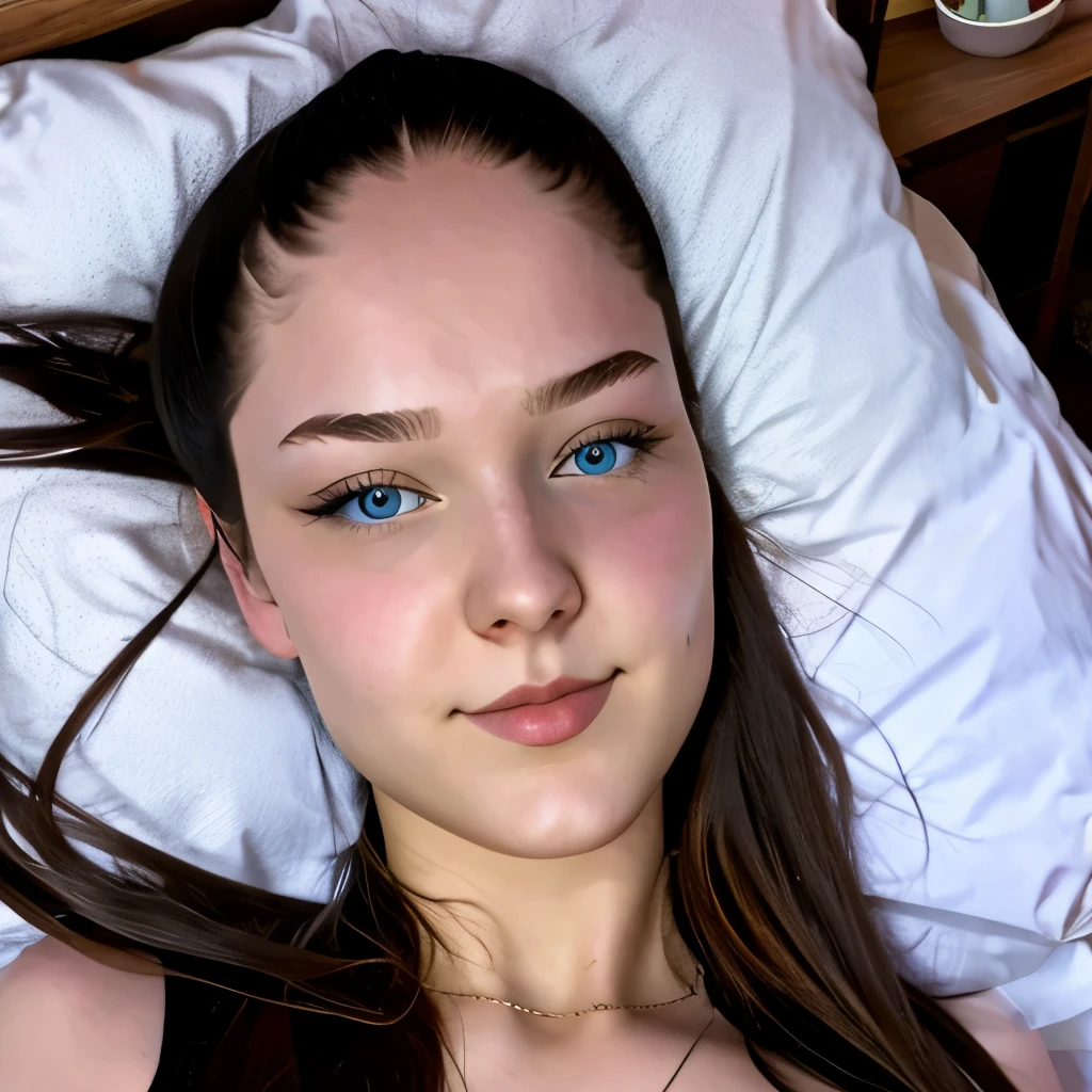 A picture of a 18 year old Katharina, with a cute face, blue-grey eyes, tied up burnette hair. Arms and hands tied up lying on bed