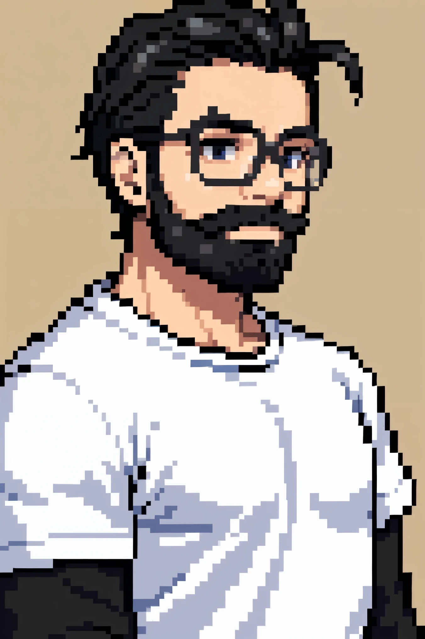 Pixel aRt of man weaRing glasses, Beard and white t-shirt with sleeves protetcing his arms, #pixelaRt:3, lofi poRtRait, flat anime style, flat anime style shadin anime style chaRacteRacteR, visual novel spRite, in anime style, poRait pixel aRt dRawing, young anime man, pixelaRt, black hair, black hair, hair slicked back, front view, stading, looking forward, details eye, young man 35 years old, ((more detail, high detailed, enhanced)) .32k 