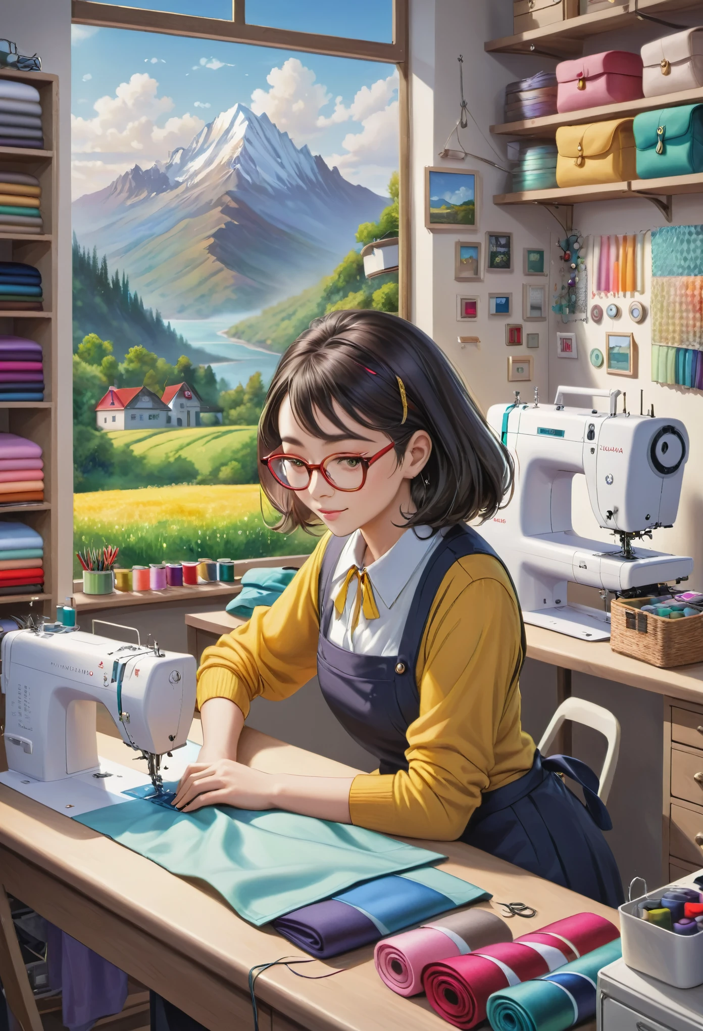 a sewing studio, large beautiful scenery full of colors, with various pockets and seams, uma mulher, sorrindo, with glasses, cabelos negros, behind a sewing machine,