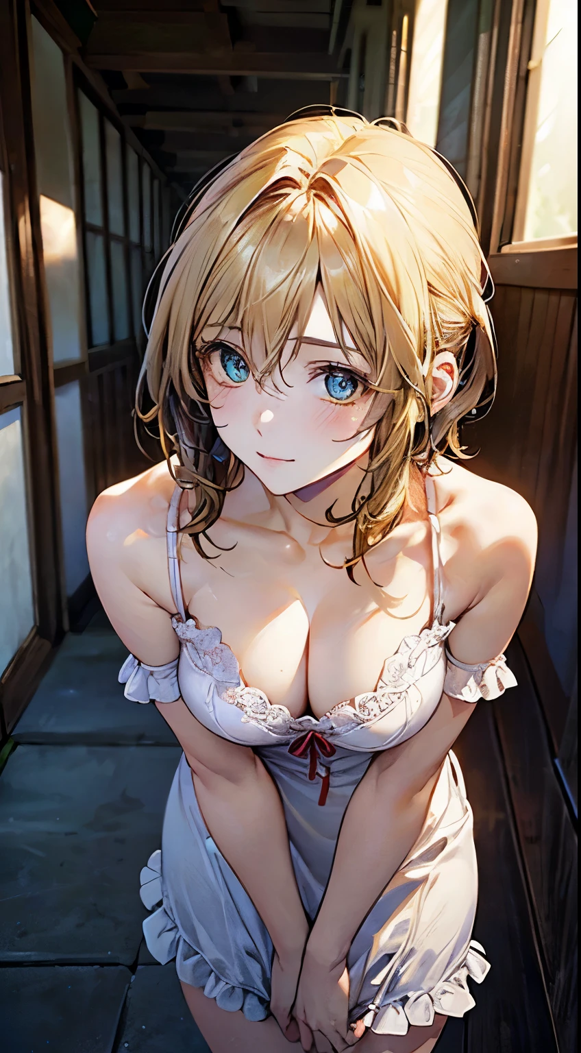 (masterpiece:1.2, highest quality), (realistic, photorealistic:1.4), beautiful illustrations, (natural side lighting, movie lighting), NSFW, 
looking at the viewer, cowboy shot, Front view:0.6, 1 girl, Japanese, high school girl, perfect face, Cute symmetrical face, shiny skin, 
(short hair:1.2, bob cut:1.2, yellow hair), hair between eyes, blue eyes, long eyelash, (big breasts:0.8, thick thighs), 
beautiful hair, beautiful face, detailed and beautiful eyes, beautiful clavicle, beautiful body, beautiful breasts, beautiful thighs, beautiful feet, beautiful fingers, 
(beautiful scenery), (Hilarious), ****ta prostitute_dress，