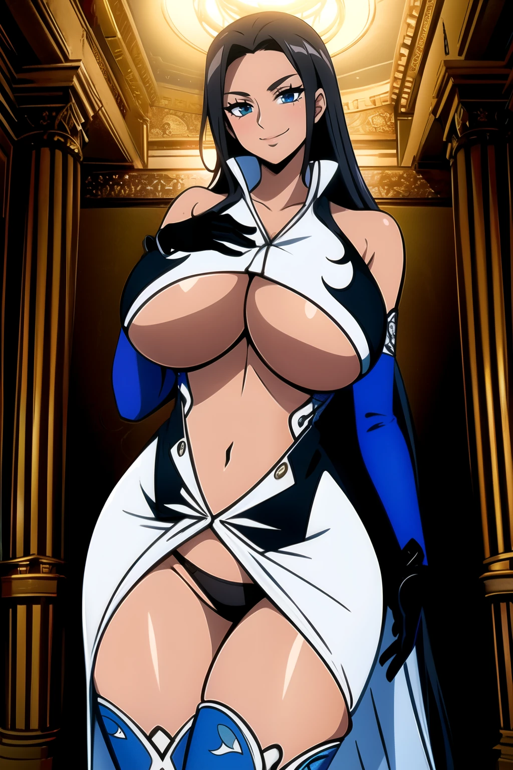 masterpiece, ((ultra detailed background, delicate pattern, intricate detail)), (highly detailed, fine details), best quality, beautiful lighting, (gigantic breasts)), NicoRobinV2, 1girl, black hair, long hair, solo, gigantic breasts, (smile), blue eyes, closed mouth, hair slicked back, jewelry, collarbone, (((helloutfit:1.1), underboob, elbow gloves, thigh boots, highleg panties, bare shoulders, curvy, midriff, curvy, thighs, higheels, shiny clothes), (complex detailed background, inside, luxury palace), curvy, cowboy shot