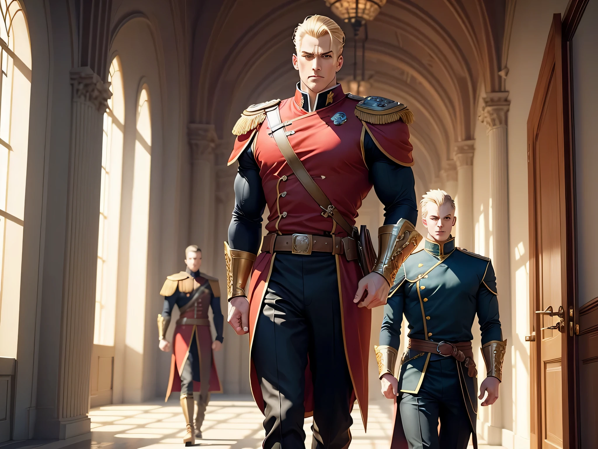 anime style art illustration, shonen traits, obra de arte, alto, forte, Homem musculoso, forte arms, olhos azuis, loiro, cabelo curto, alisado para tras, Queixo quadrado, dressed in a general rank dark fantasy red military costume , villainous expression, Walking in a wide corridor of a royal palace, morning light,