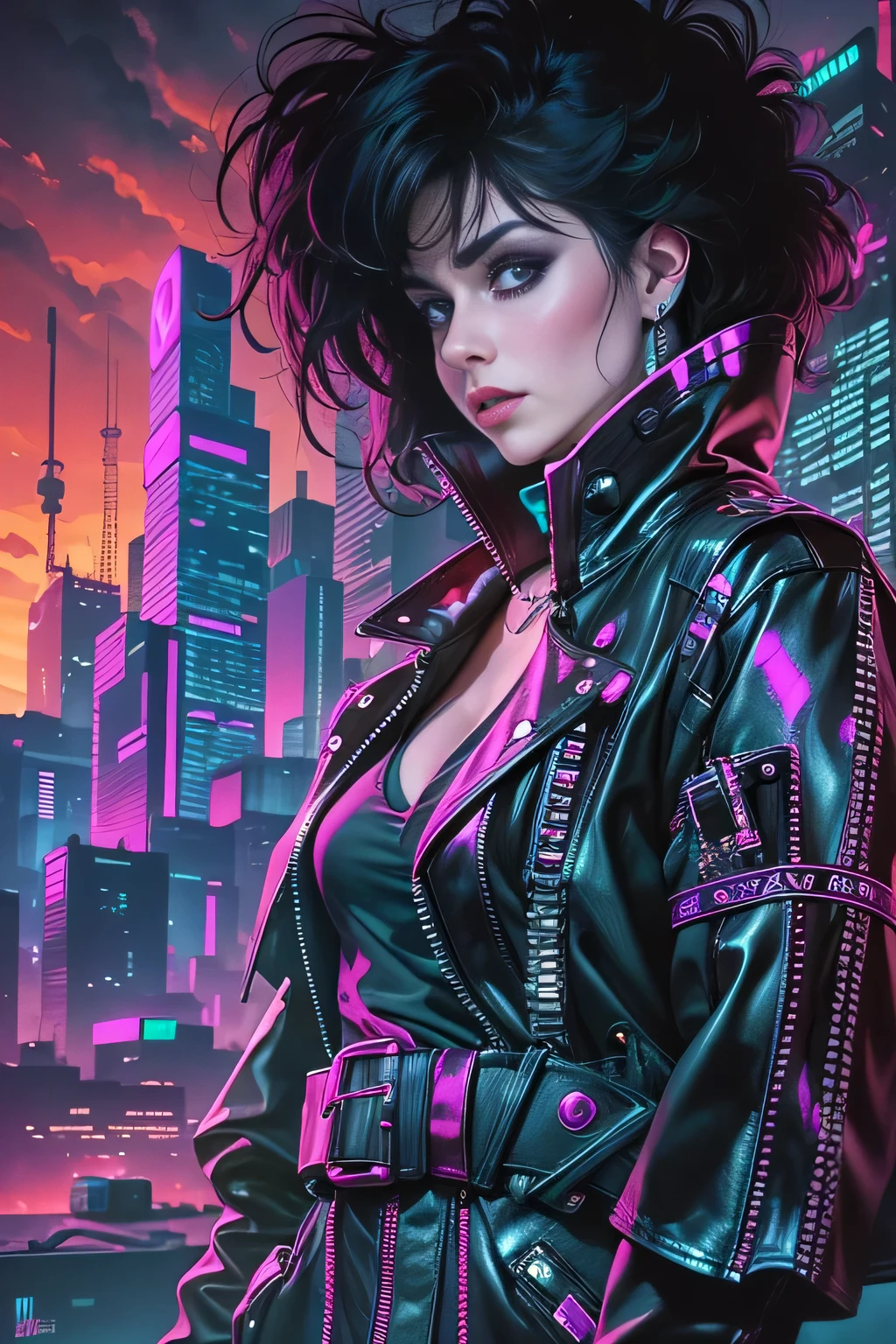 80s, 1girl, goth, siouxsie, michelle pffifer, cyberpunk, futuristic city background, 80s movie poster art style,