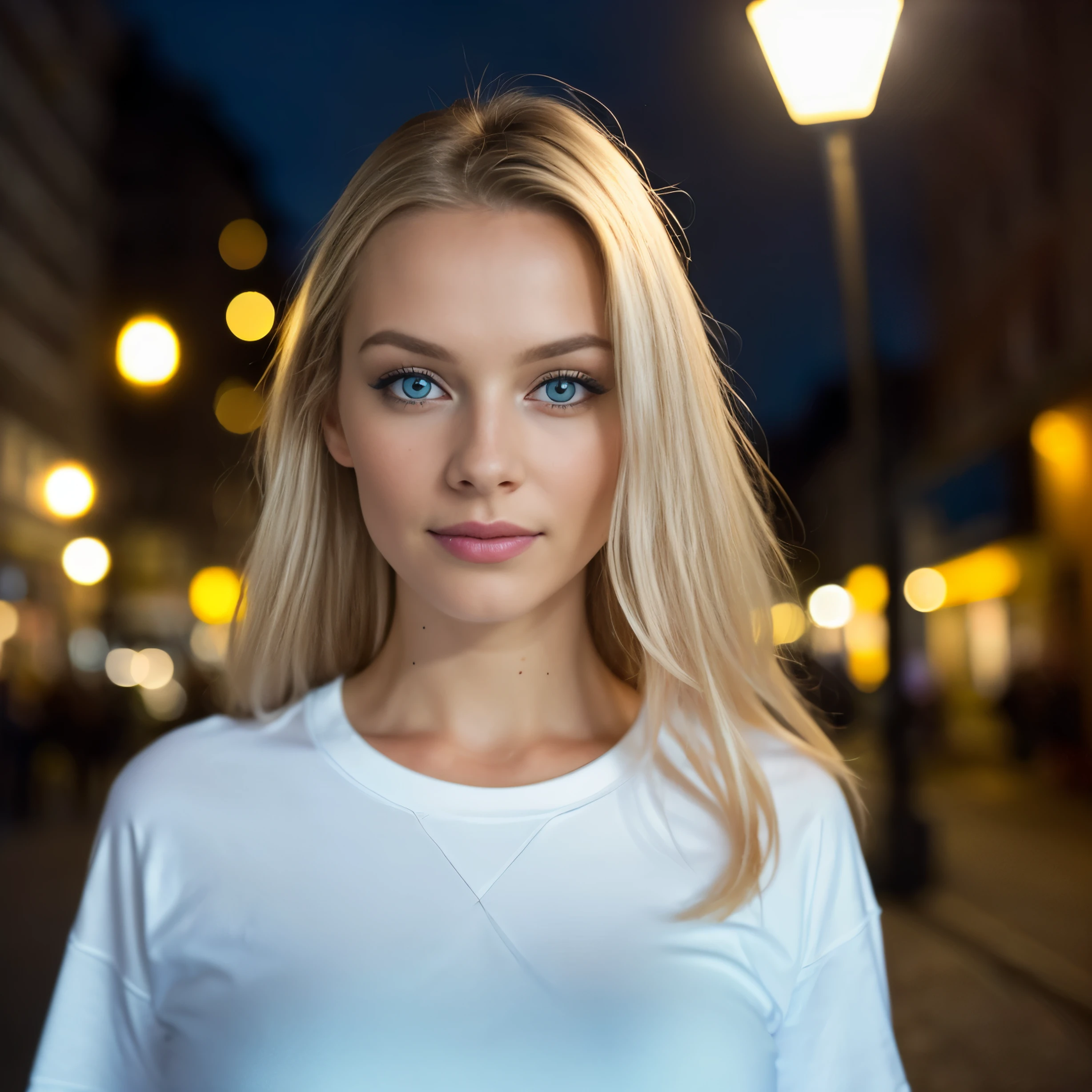 Foto RAW uhd de uma loira de 24 anoulher de olhos azuis claros) Andando por um beco iluminado, grande ,, city at Noite, (Saia camiseta branca com gola redonda), (Detalhe), detalhes (Texturas! , Dela! , brilhar, Cor!! , Noiteeile: 1.1), Bright eyes with high level of detail, olhos realistas, (looks at the camera), SLR Lighting, SLR camera, Ultra qualidade, nitidez, profundidade de campo, Film grain (Centro), Fujifilm XT3, claro como cristal, frame Centro, cara bonita, sharp focus, street lamp, Neon lighting, Bokeh (mal iluminado), Noite, (Noite sky), Poros detalhados da pele, pele oleosa, queimadura de sol, complex eye detalhes, corpo todo, grande 