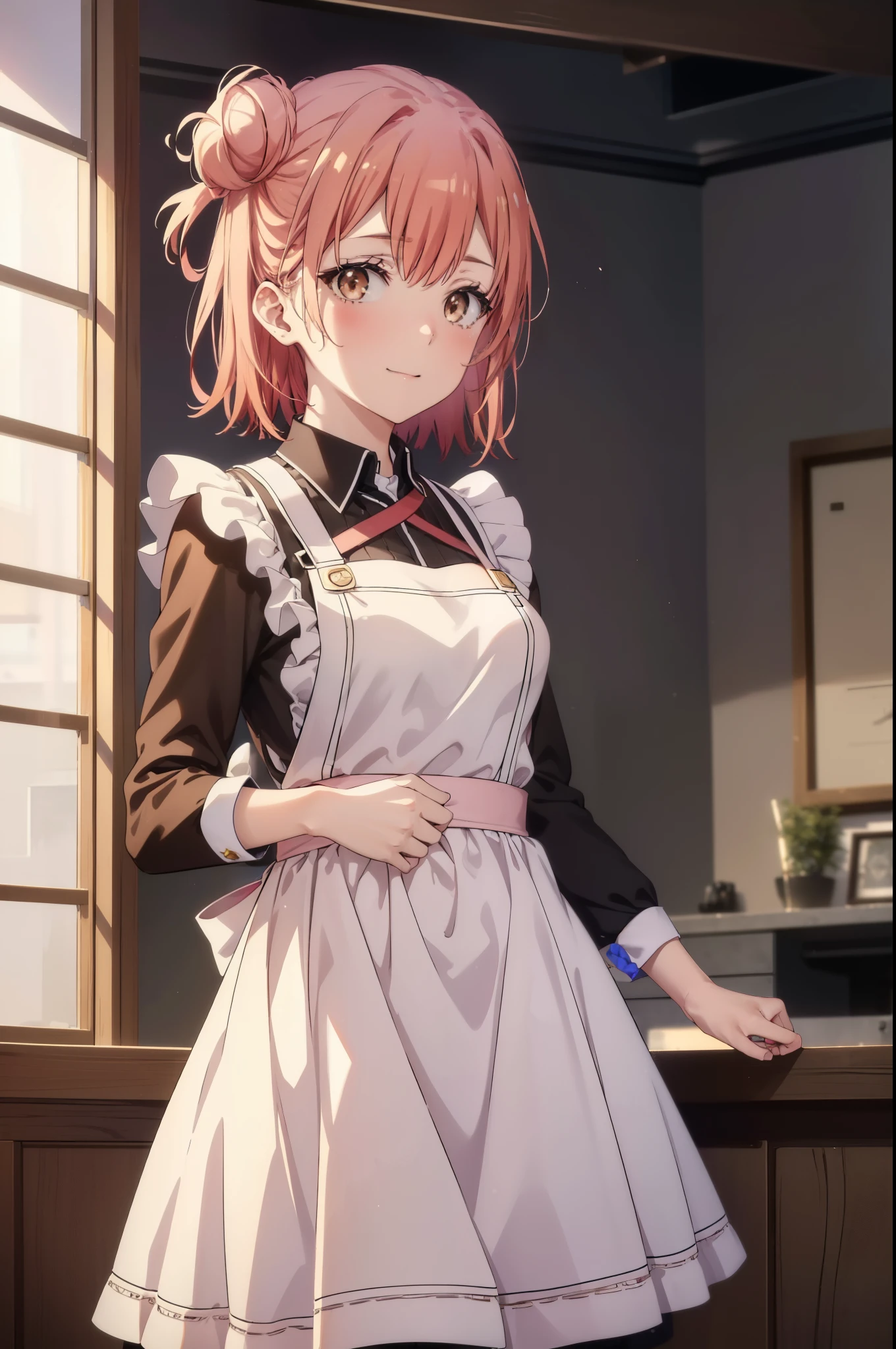 yuiyuigahama, yui yuigahama, short hair, (brown eyes:1.5), (pink hair:1.2), bun hair, single bun hair,(big breasts:1.2),headdress, maid uniform,dress,ロングskirt,white pantyhose,short boots, apron, 両手でskirtを持ち上げている,looking at the viewer, happy smile, smile, blush,open your mouth,skirt, skirt lift, 自分で持ち上げる
break indoors, coffee shop,
break looking at viewer, (cowboy shot:1.5),
break (masterpiece:1.2), highest quality, High resolution, unity 8k wallpaper, (figure:0.8), (detailed and beautiful eyes:1.6), highly detailed face, perfect lighting, Very detailed CG, (perfect hands, perfect anatomy),