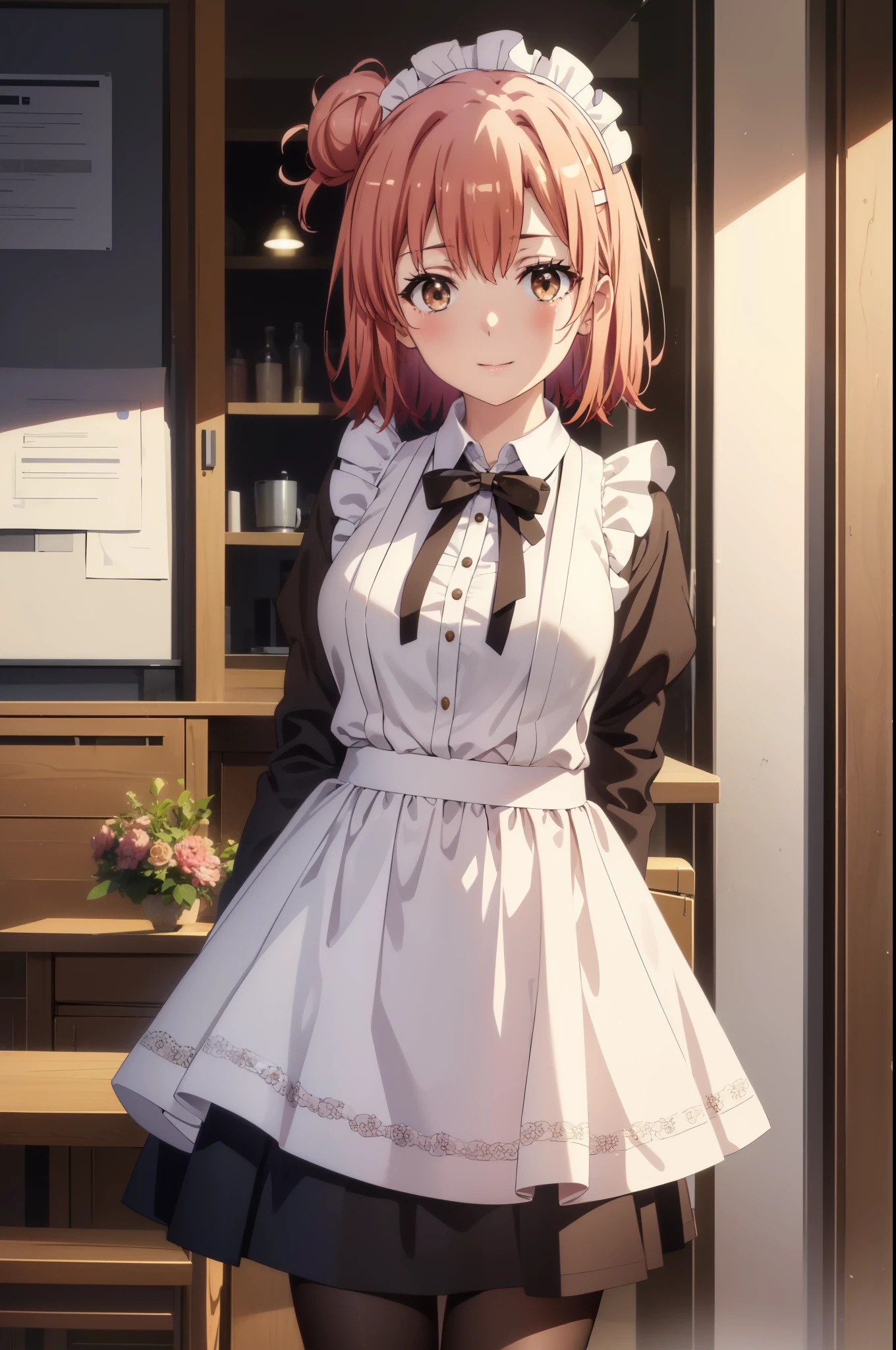 yuiyuigahama, yui yuigahama, short hair, (brown eyes:1.5), (pink hair:1.2), bun hair, single bun hair,(big breasts:1.2),headdress, maid uniform,dress,ロングskirt,white pantyhose,short boots, apron, 両手でskirtを持ち上げている,looking at the viewer, happy smile, smile, blush,open your mouth,skirt, skirt lift, 自分で持ち上げる
break indoors, coffee shop,
break looking at viewer, (cowboy shot:1.5),
break (masterpiece:1.2), highest quality, High resolution, unity 8k wallpaper, (figure:0.8), (detailed and beautiful eyes:1.6), highly detailed face, perfect lighting, Very detailed CG, (perfect hands, perfect anatomy),