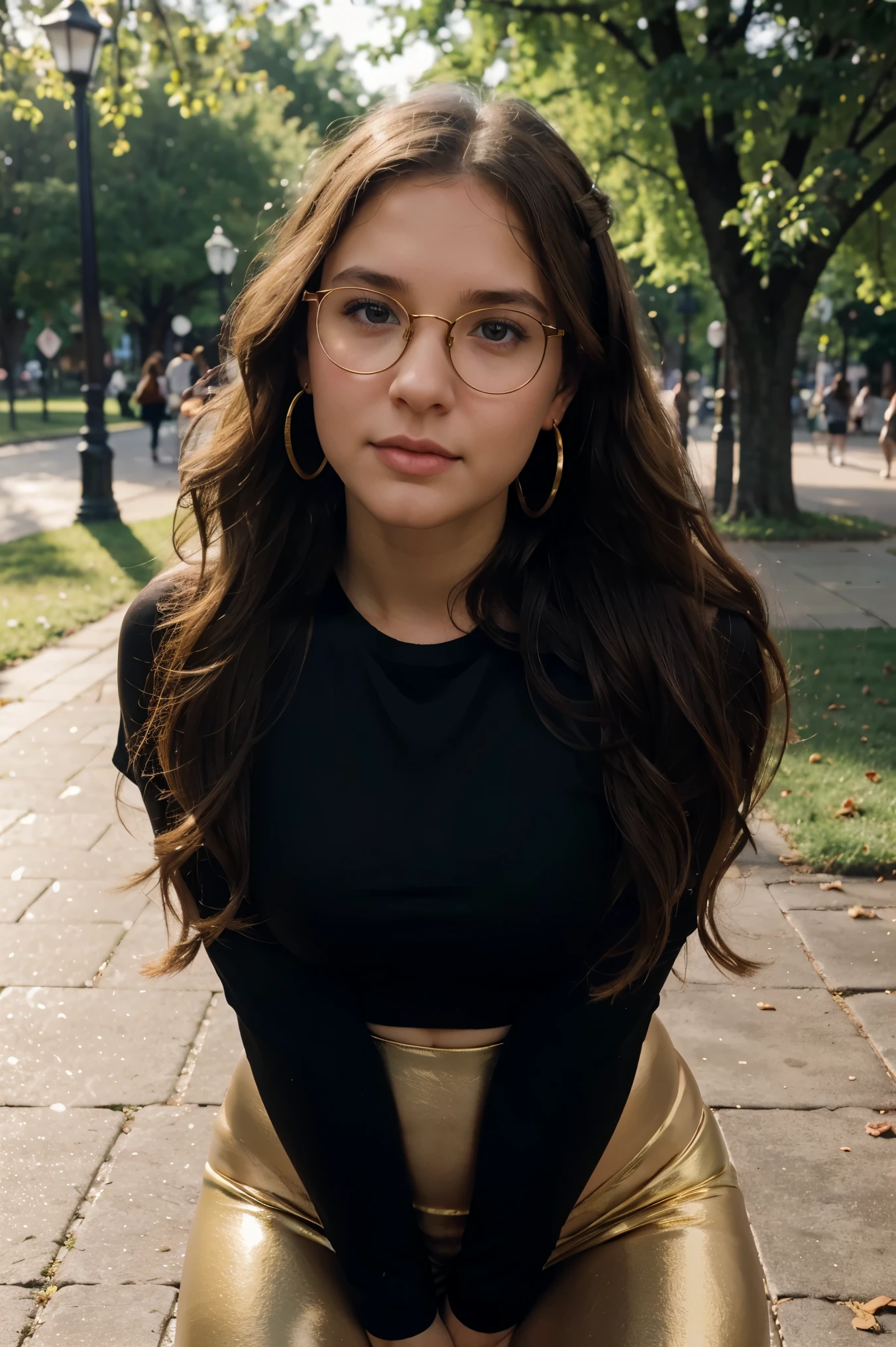 Beautiful caucasian girl, clean skin, brown eyes, beautiful sharming eyes, light brown hair, long hair, wavy brown hair, wearing glasses, earings, gold earings, nerdy look, hoop piercing, nose hoop piercing, cute soft nose, chubby cheeks, fit body, thick thighs, wearing black leggings and sheer top, at the city park, city park with trees and grass, no nudity, distracted looking down, candid, best lighting, natural light, best quality, best colors, ultra realism, highly detailed, 4k